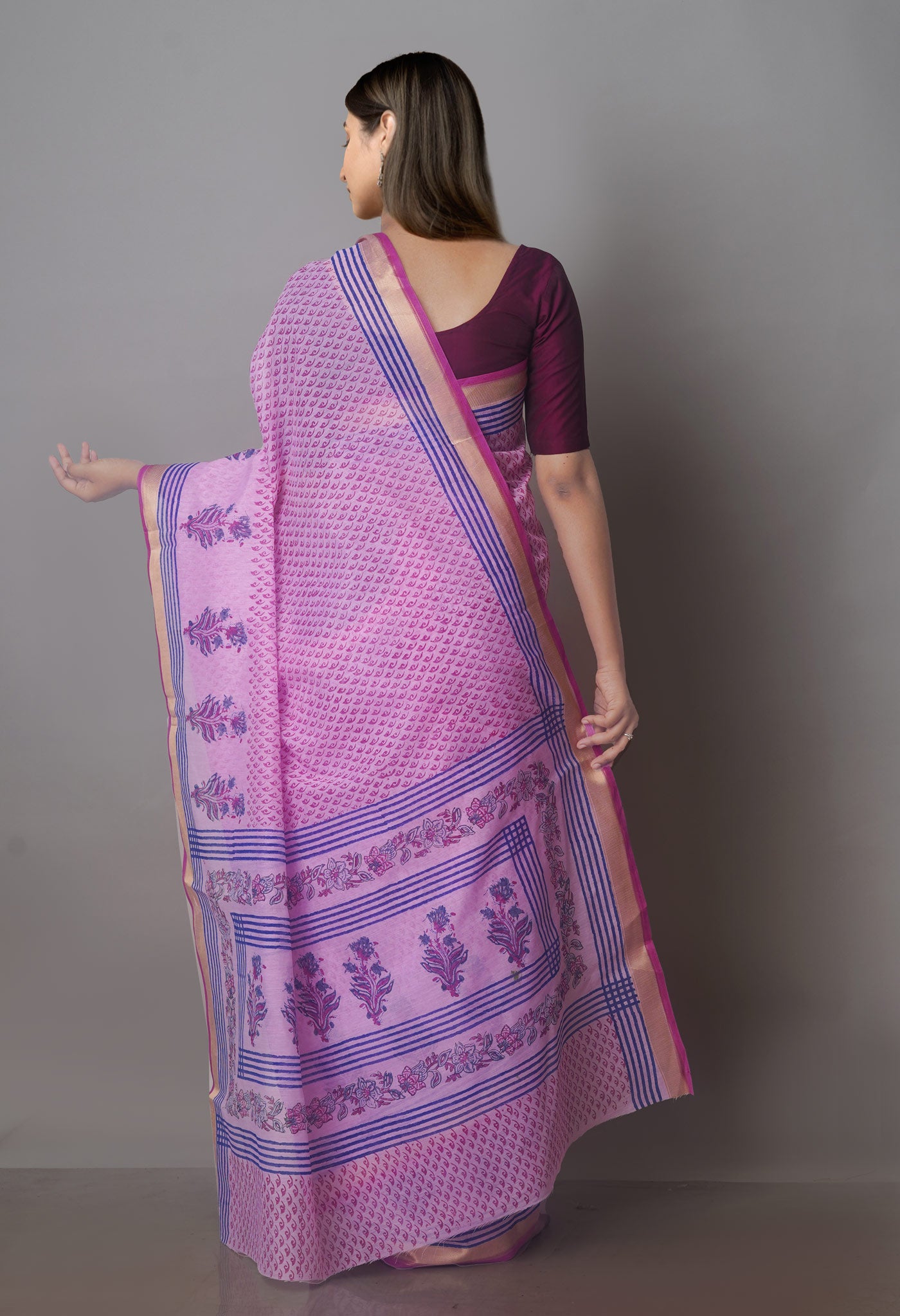 Pink Block Printed Chanderi Sico Saree-UNM70666