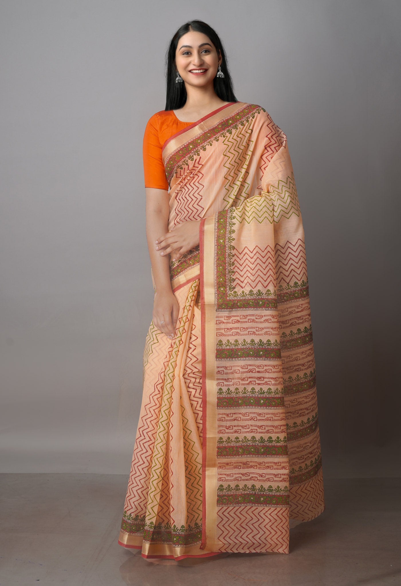 Peach Orange Pure Block Printed Chanderi Sico Saree-UNM70681
