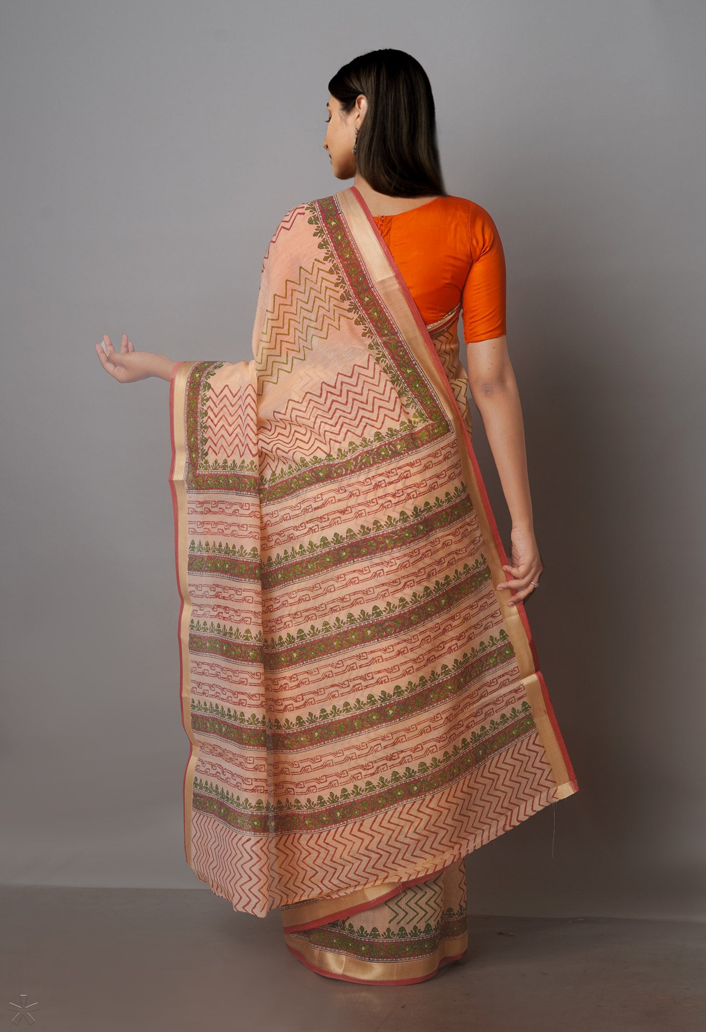 Peach Orange Pure Block Printed Chanderi Sico Saree-UNM70681