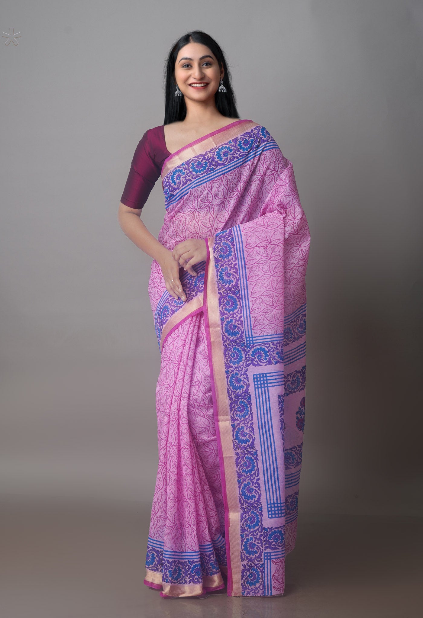 Pink Block Printed Chanderi Sico Saree