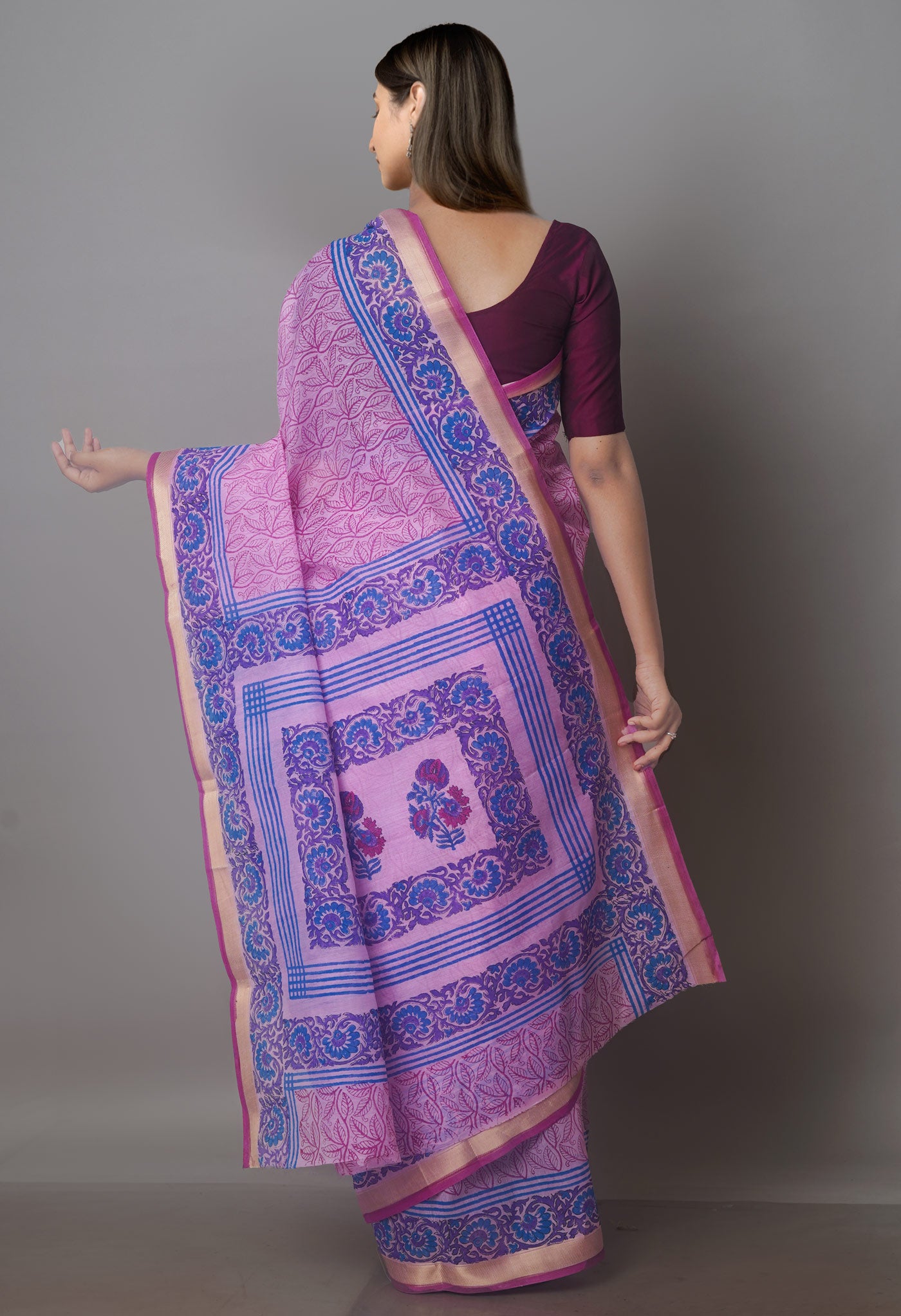 Pink Block Printed Chanderi Sico Saree