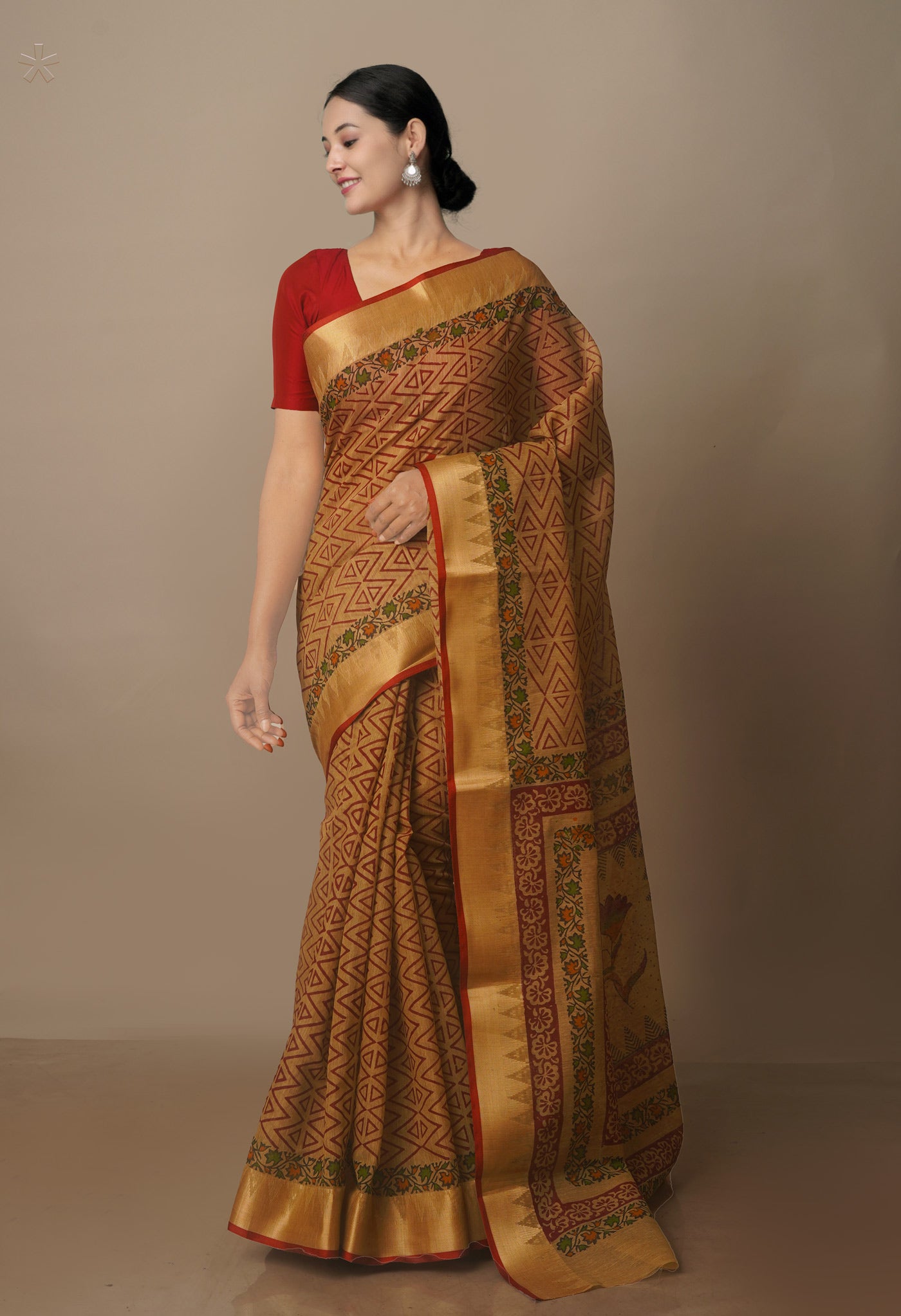 Cream Chanderi Block Printed Sico Saree-UNM70694
