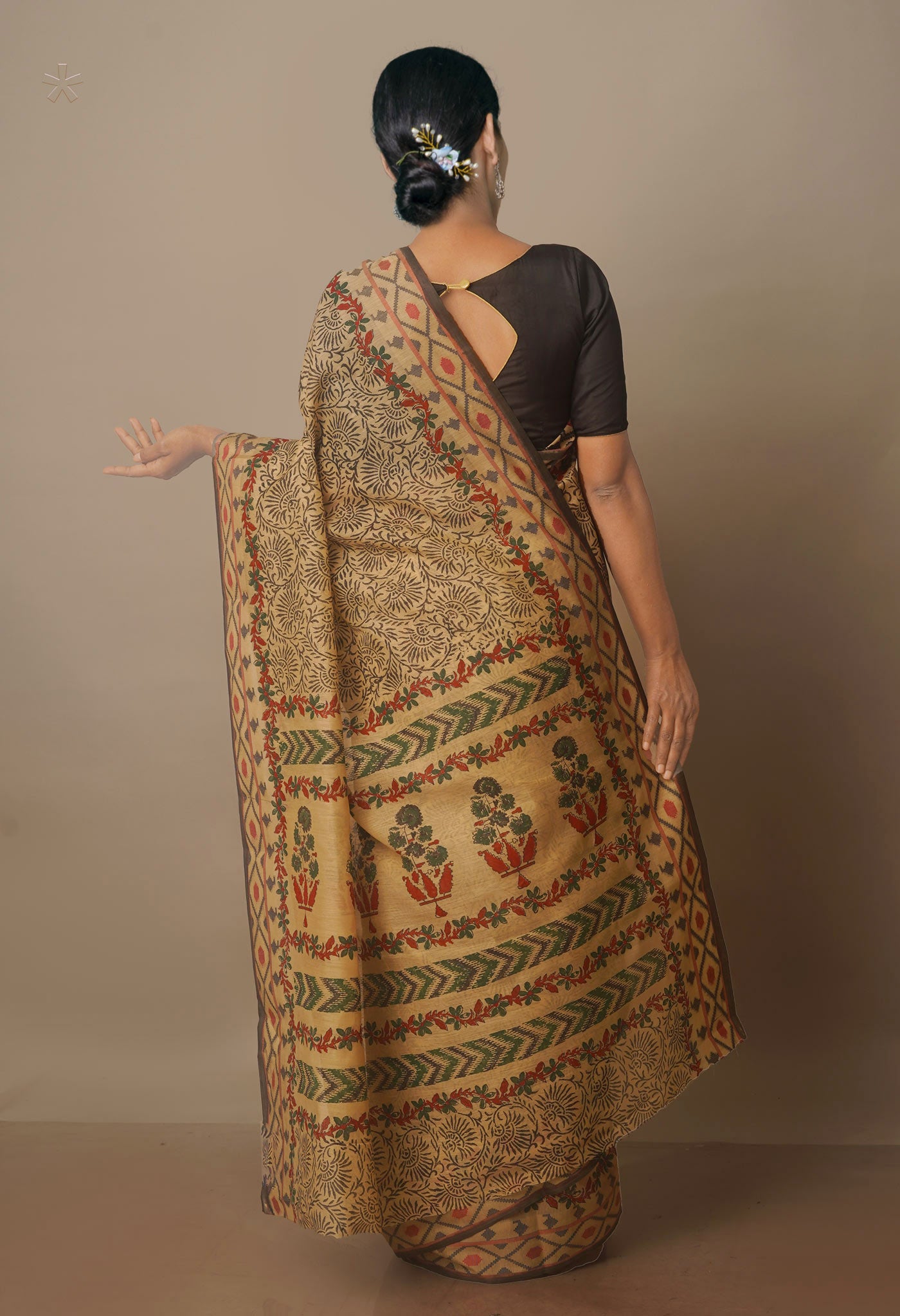 Cream Block Printed Chanderi Sico Saree-UNM70703