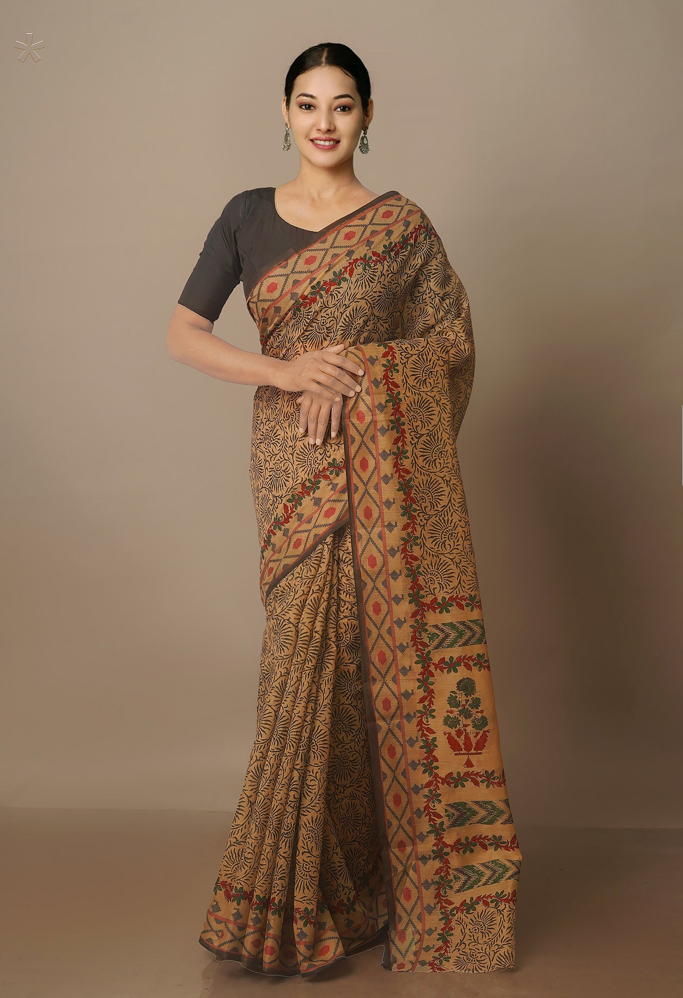Cream Block Printed Chanderi Sico Saree-UNM70703