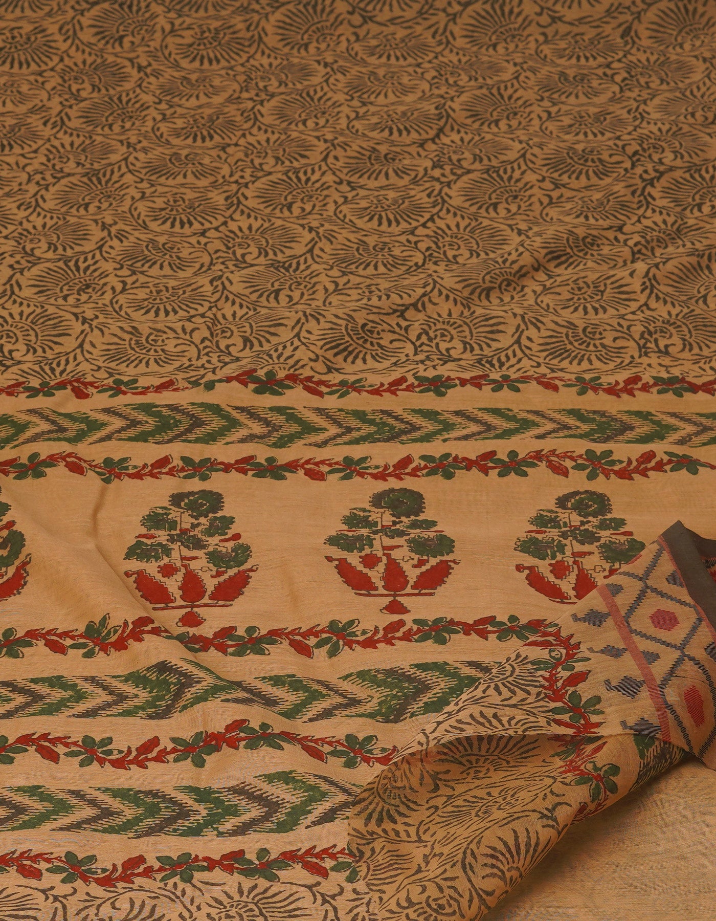 Cream Block Printed Chanderi Sico Saree-UNM70703