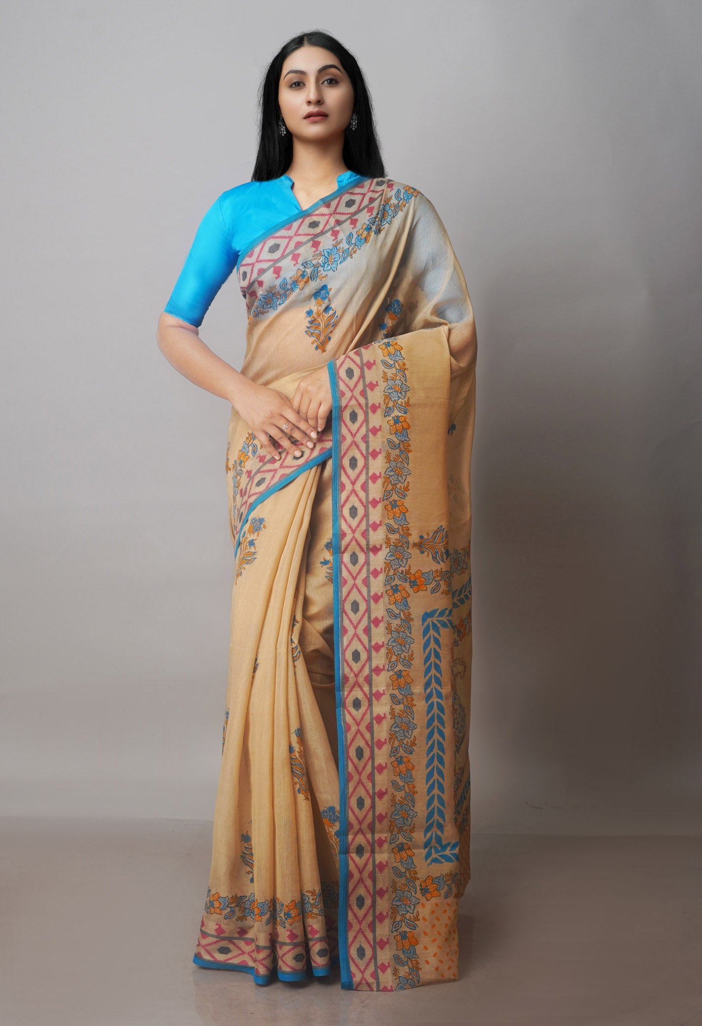 Cream Block Printed Chanderi Sico Saree-UNM70710