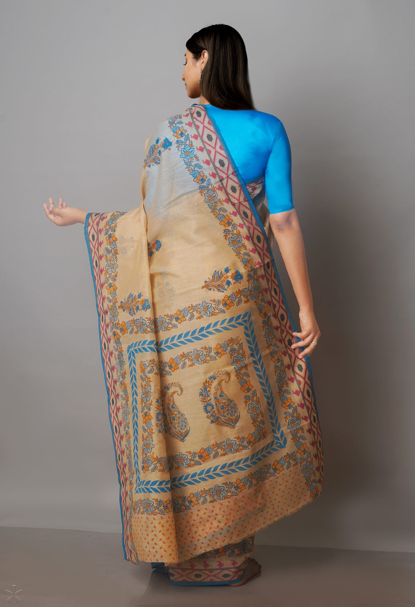 Cream Block Printed Chanderi Sico Saree-UNM70710