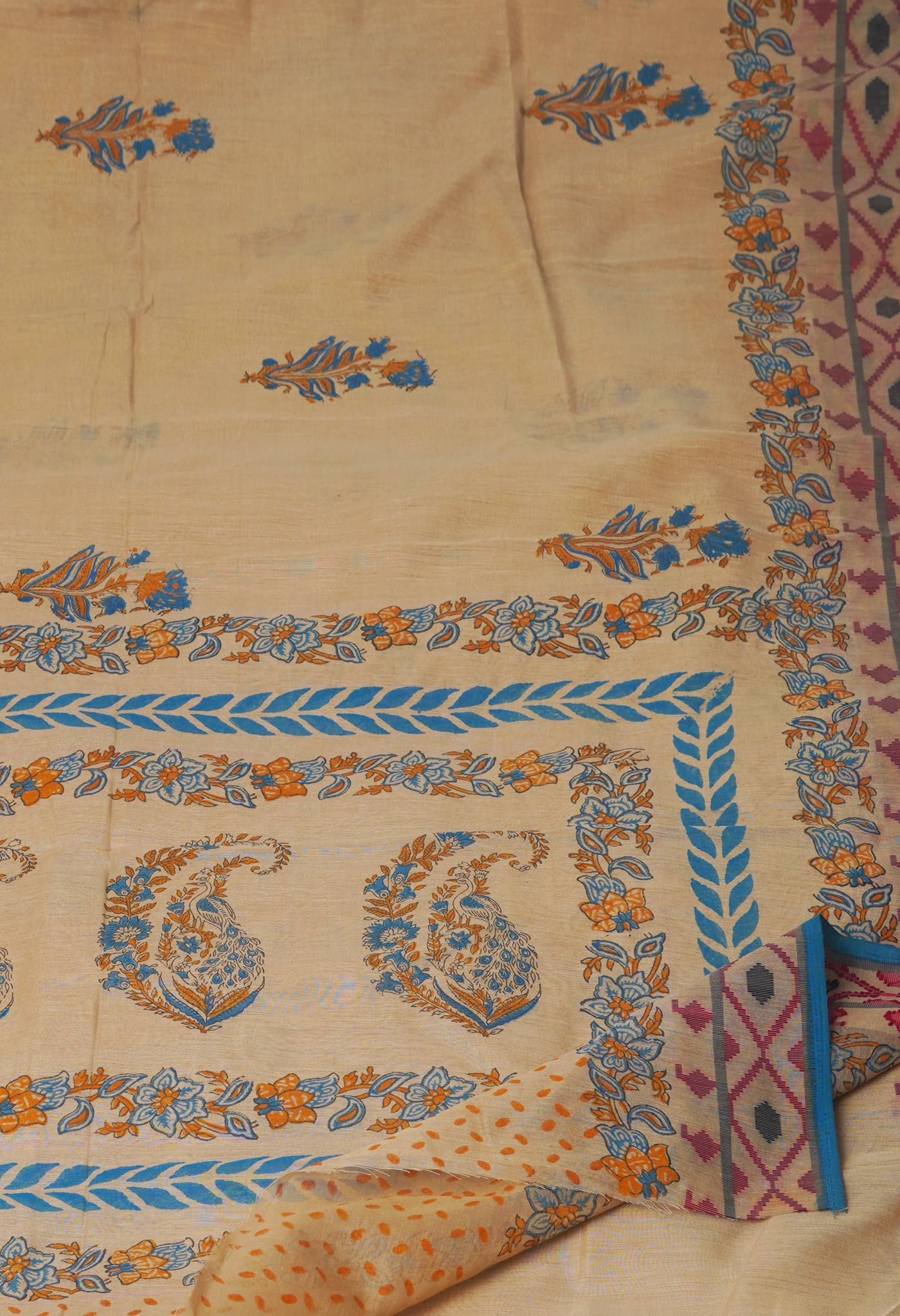 Cream Block Printed Chanderi Sico Saree-UNM70710