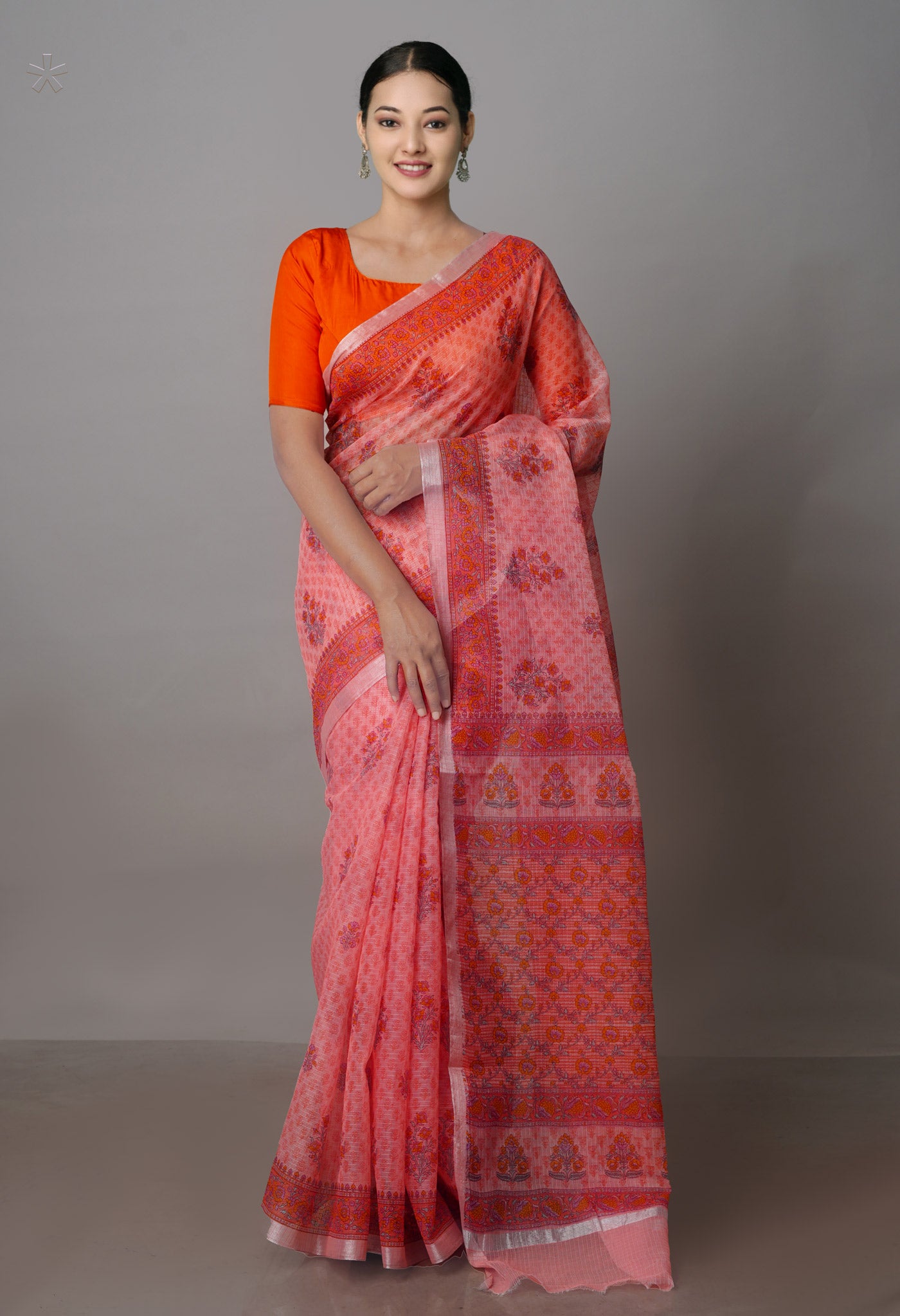 Peach Red Pure Block Printed Kota Cotton Saree-UNM70744