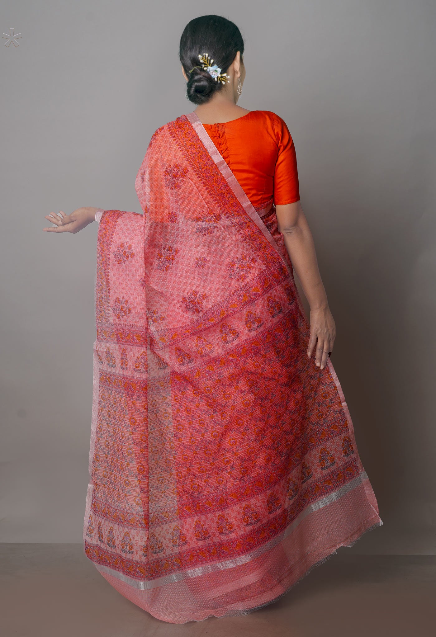 Peach Red Pure Block Printed Kota Cotton Saree-UNM70744