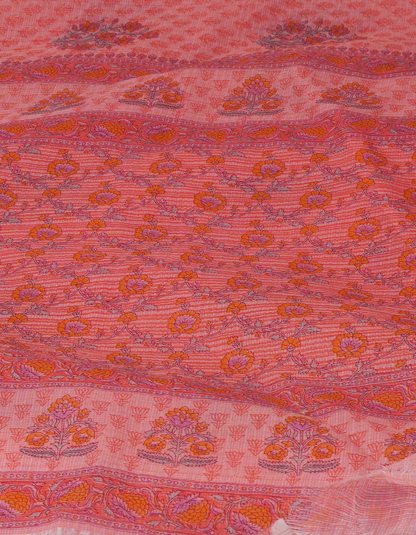 Peach Red Pure Block Printed Kota Cotton Saree-UNM70744