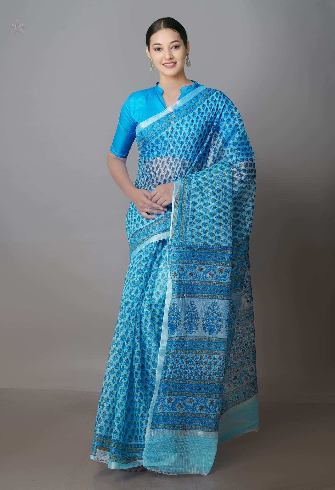Turquoise Blue Pure Block Printed Kota Cotton Saree-UNM70745