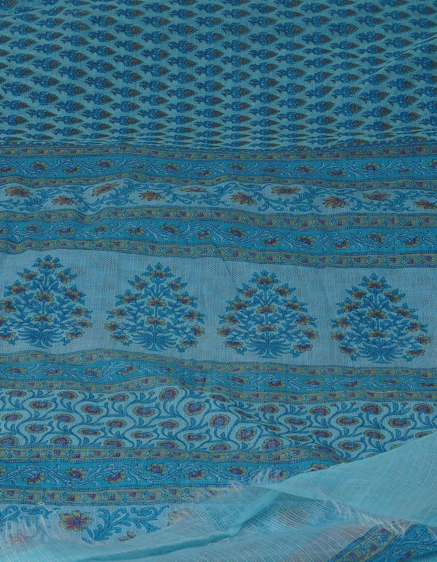 Turquoise Blue Pure Block Printed Kota Cotton Saree-UNM70745