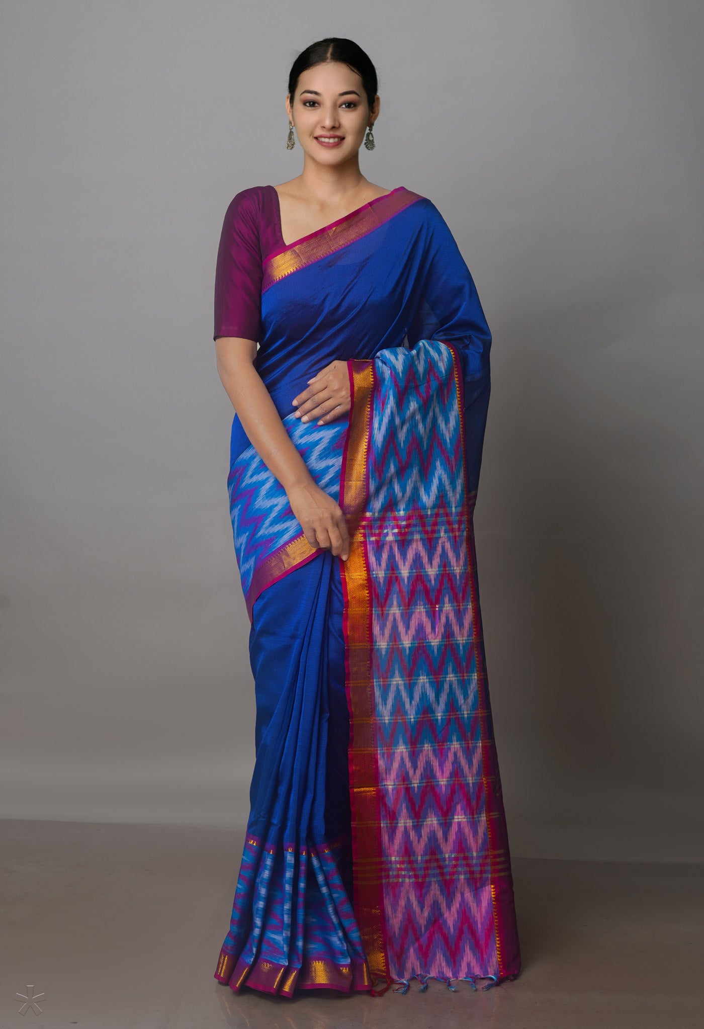 Blue Mangalgiri Silk Saree with pochampally border-UNM70797