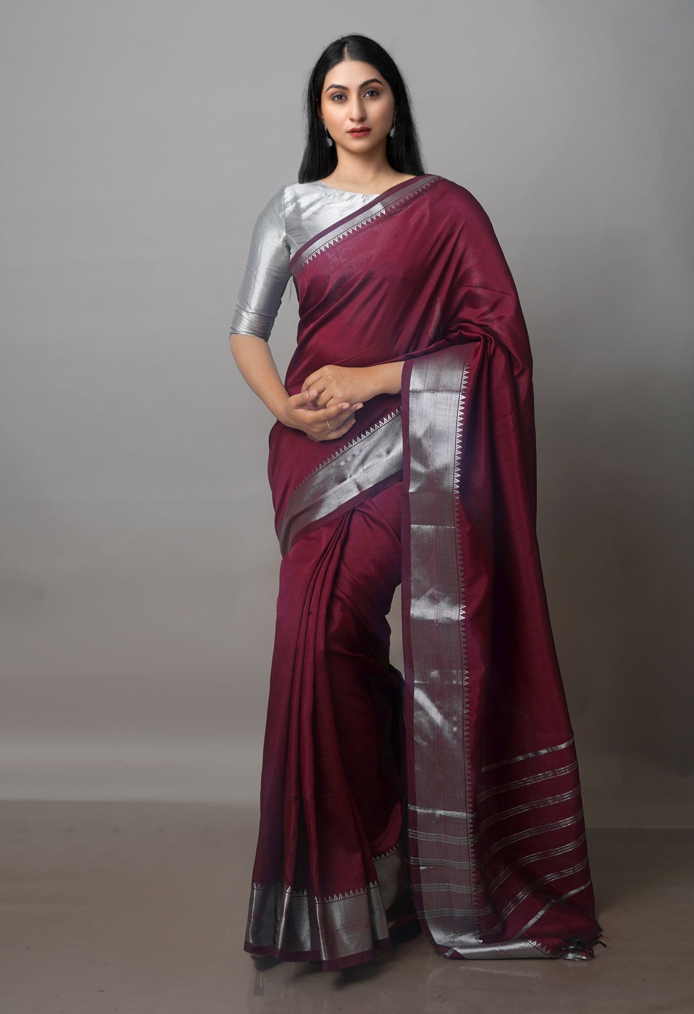 Maroon Mangalgiri Silk Saree with Silver border-UNM70809