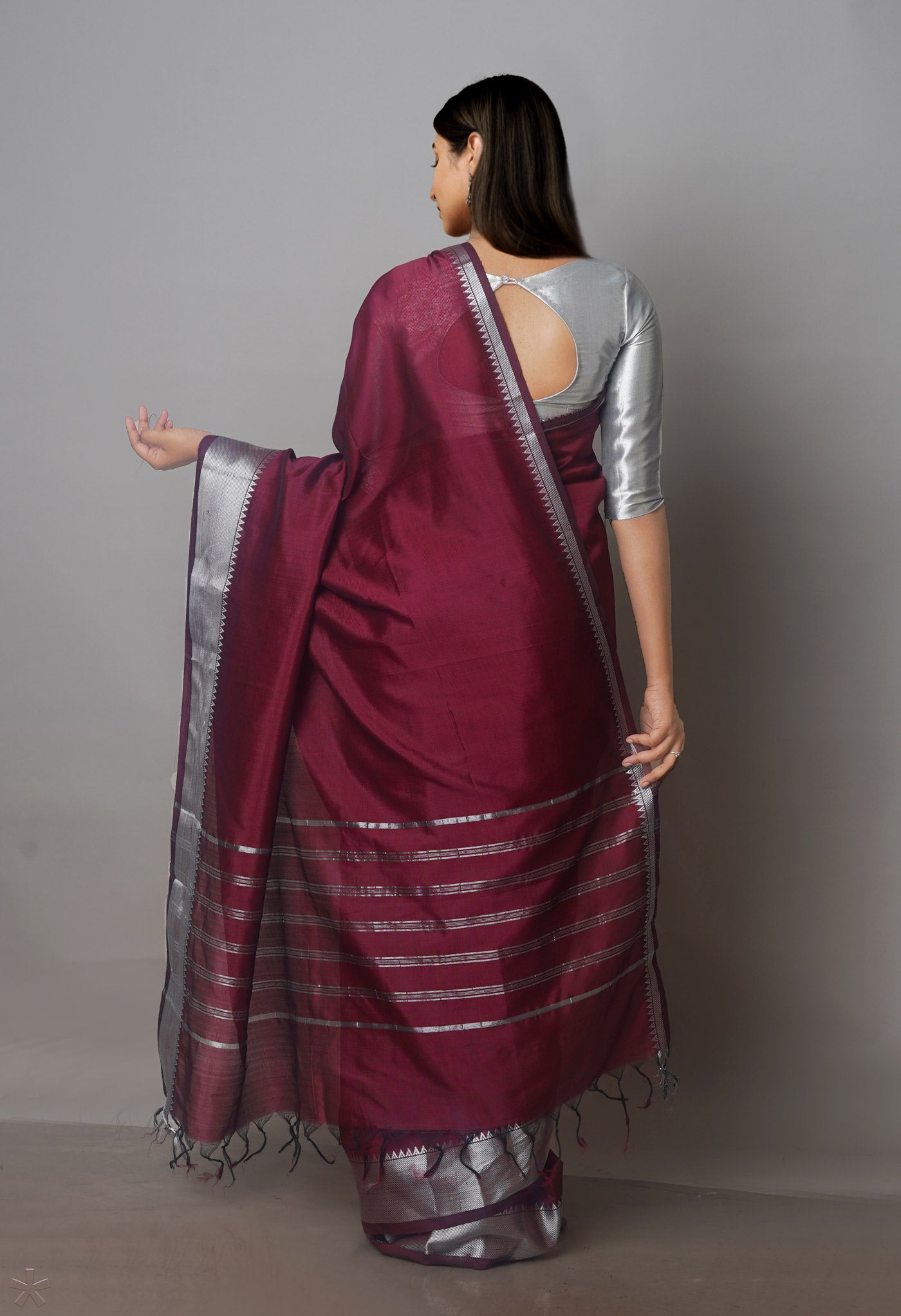 Maroon Mangalgiri Silk Saree with Silver border-UNM70809