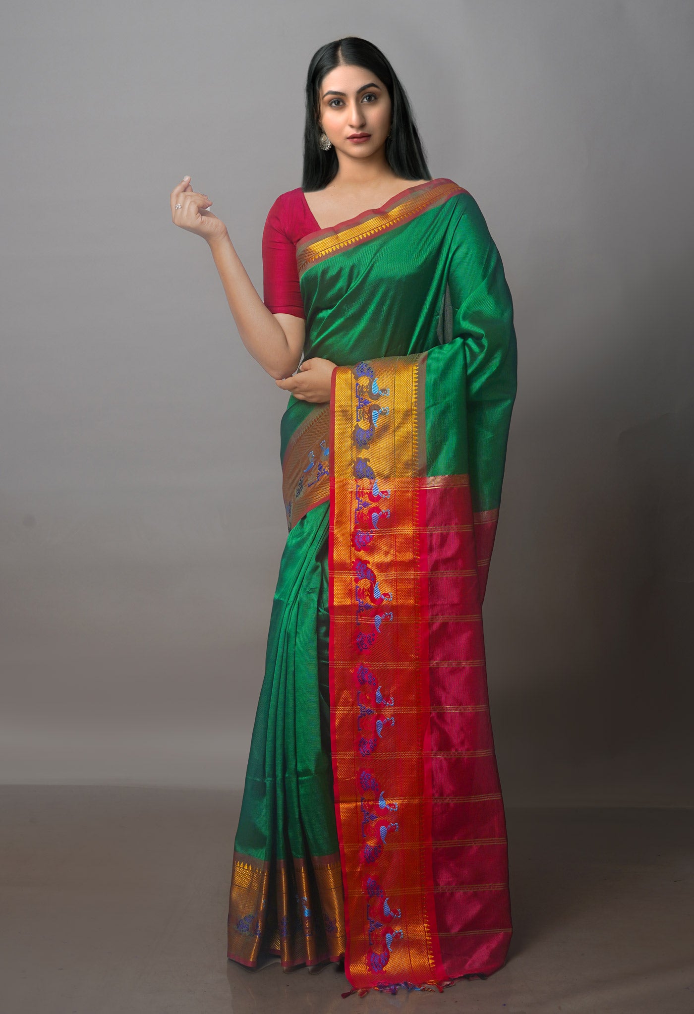 Dark Green Mangalgiri Silk Saree-UNM70815