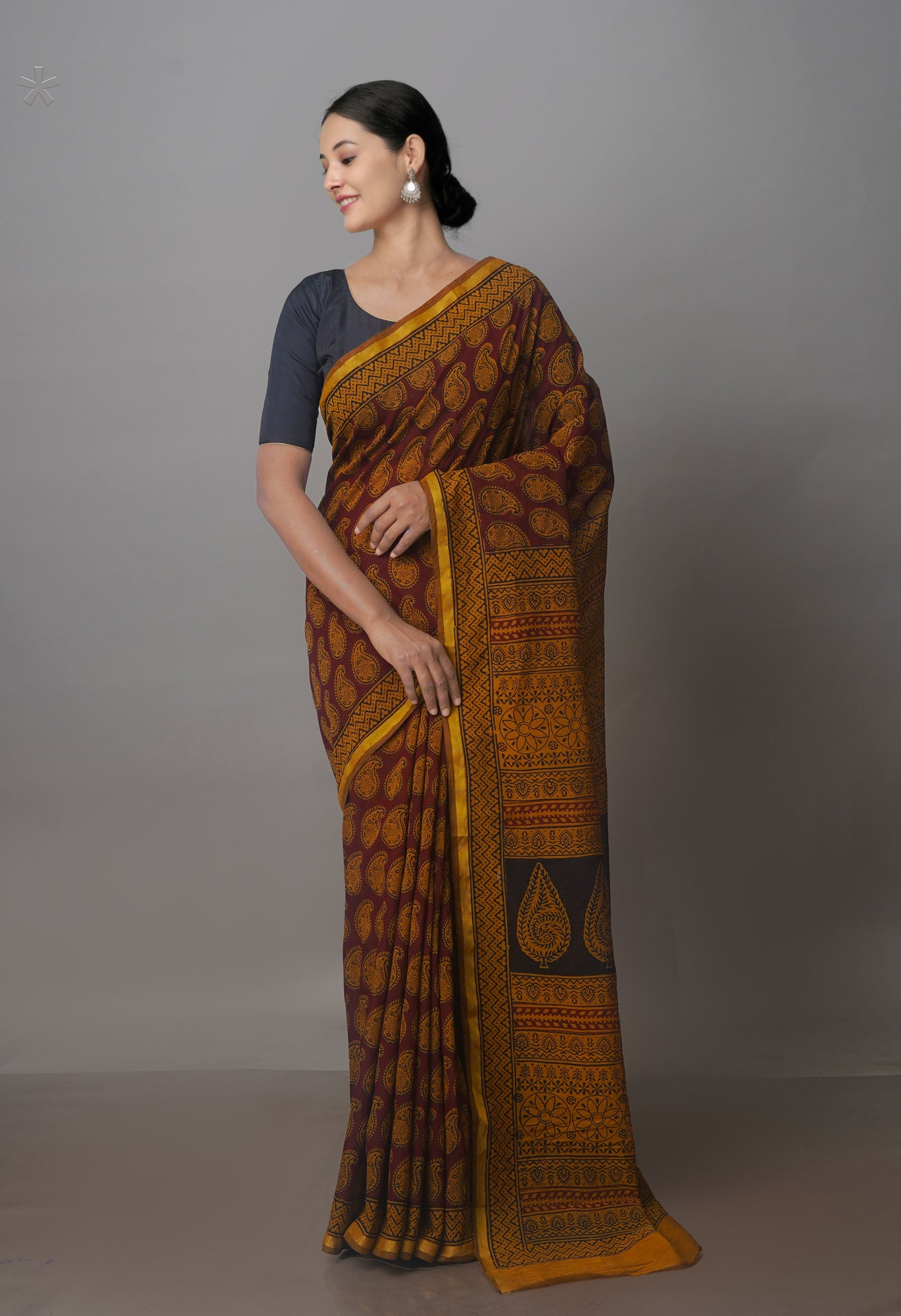 Marron Green Art Chanderi Bagh Printed Cotton Saree-UNM70855
