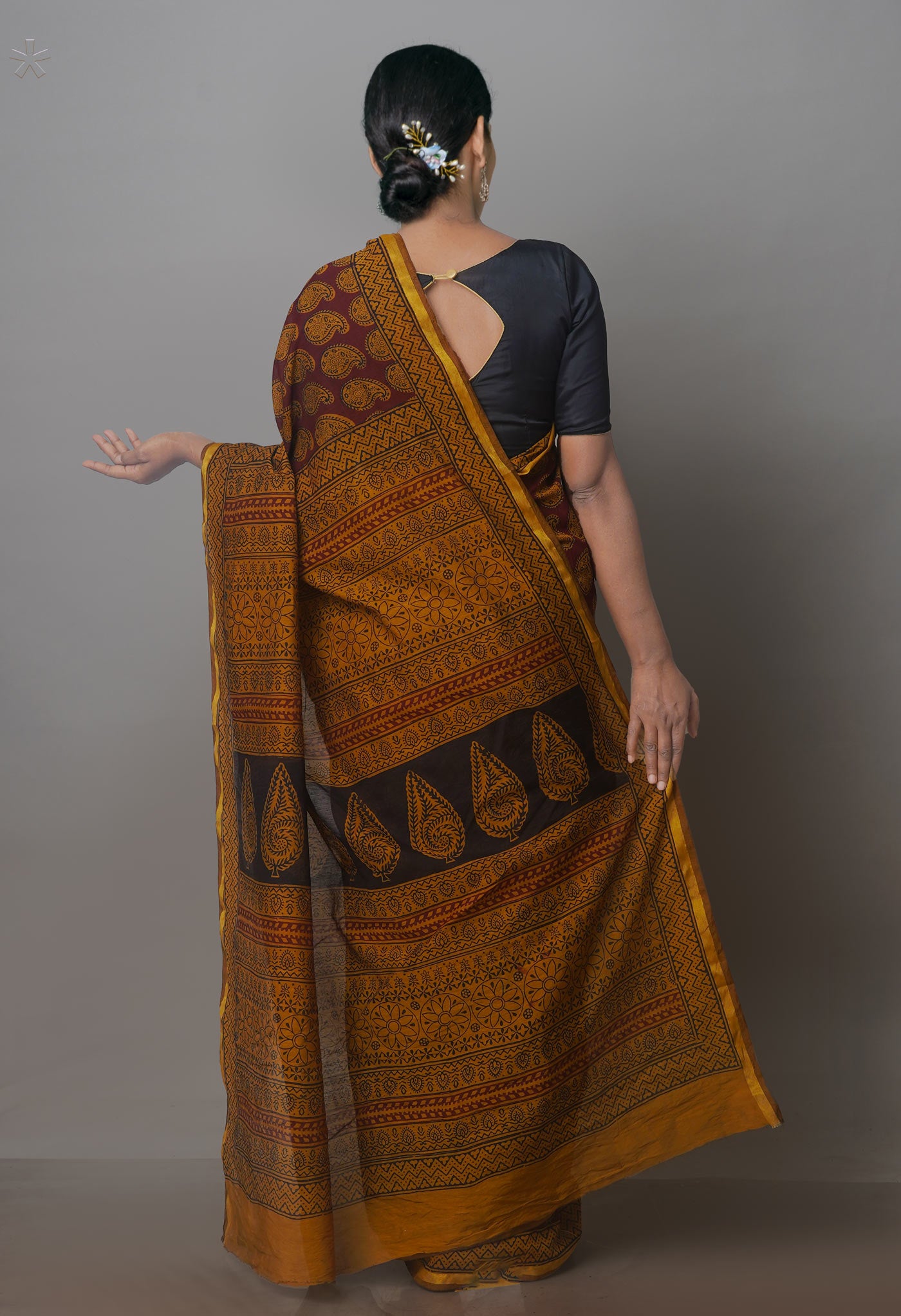 Marron Green Art Chanderi Bagh Printed Cotton Saree-UNM70855