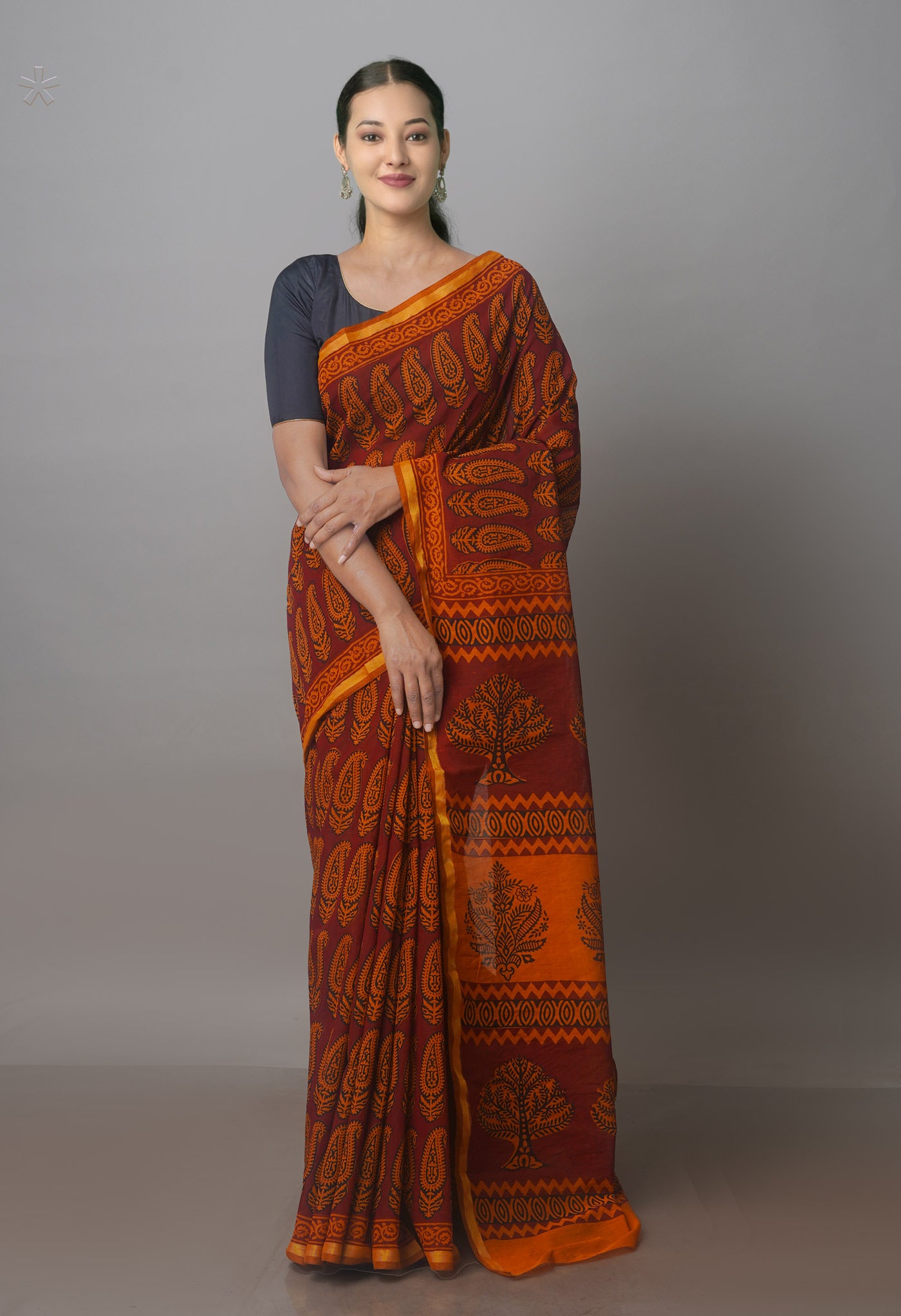 Brown Art Chanderi Bagh Printed Cotton Saree-UNM70858