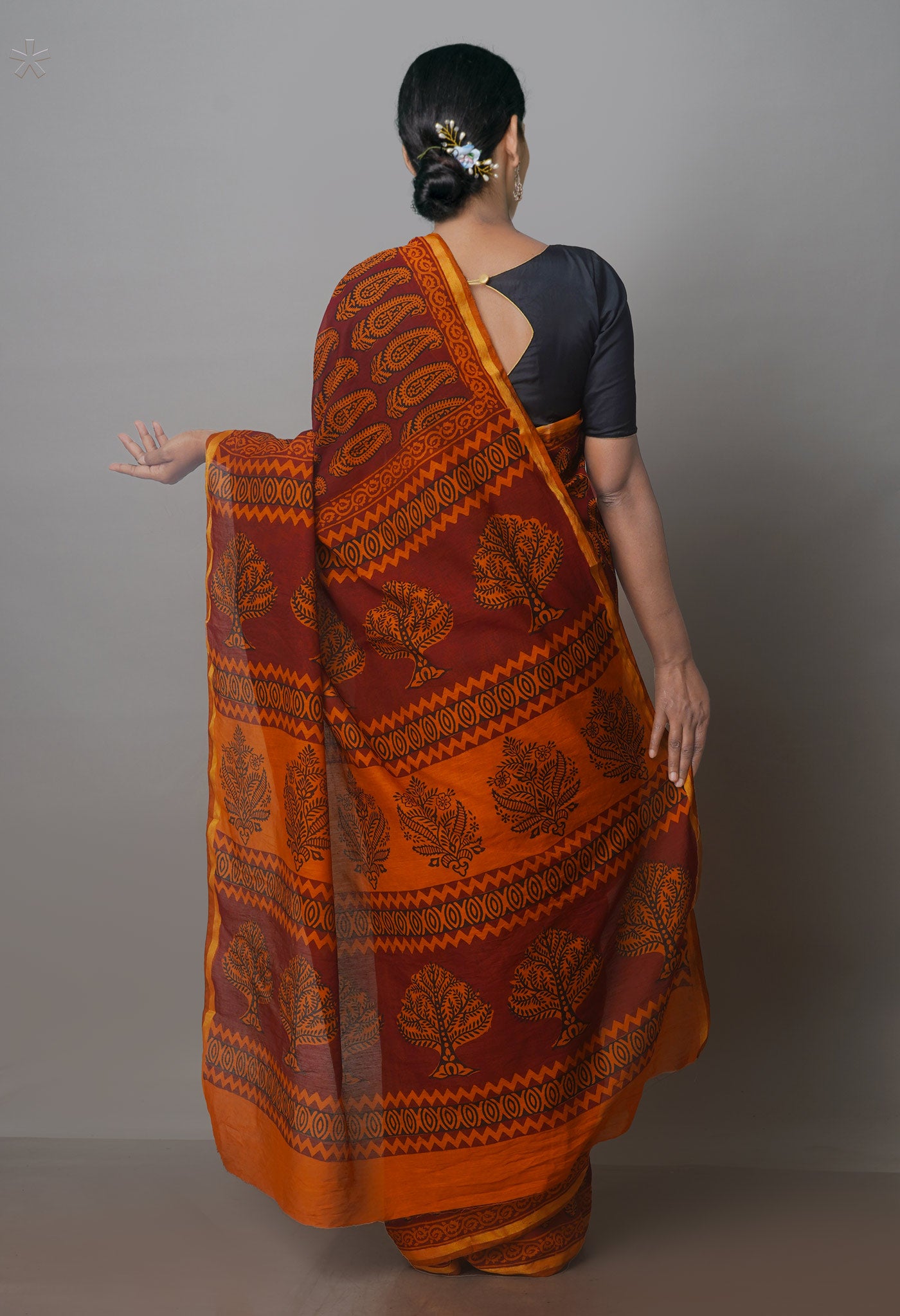Brown Art Chanderi Bagh Printed Cotton Saree-UNM70858