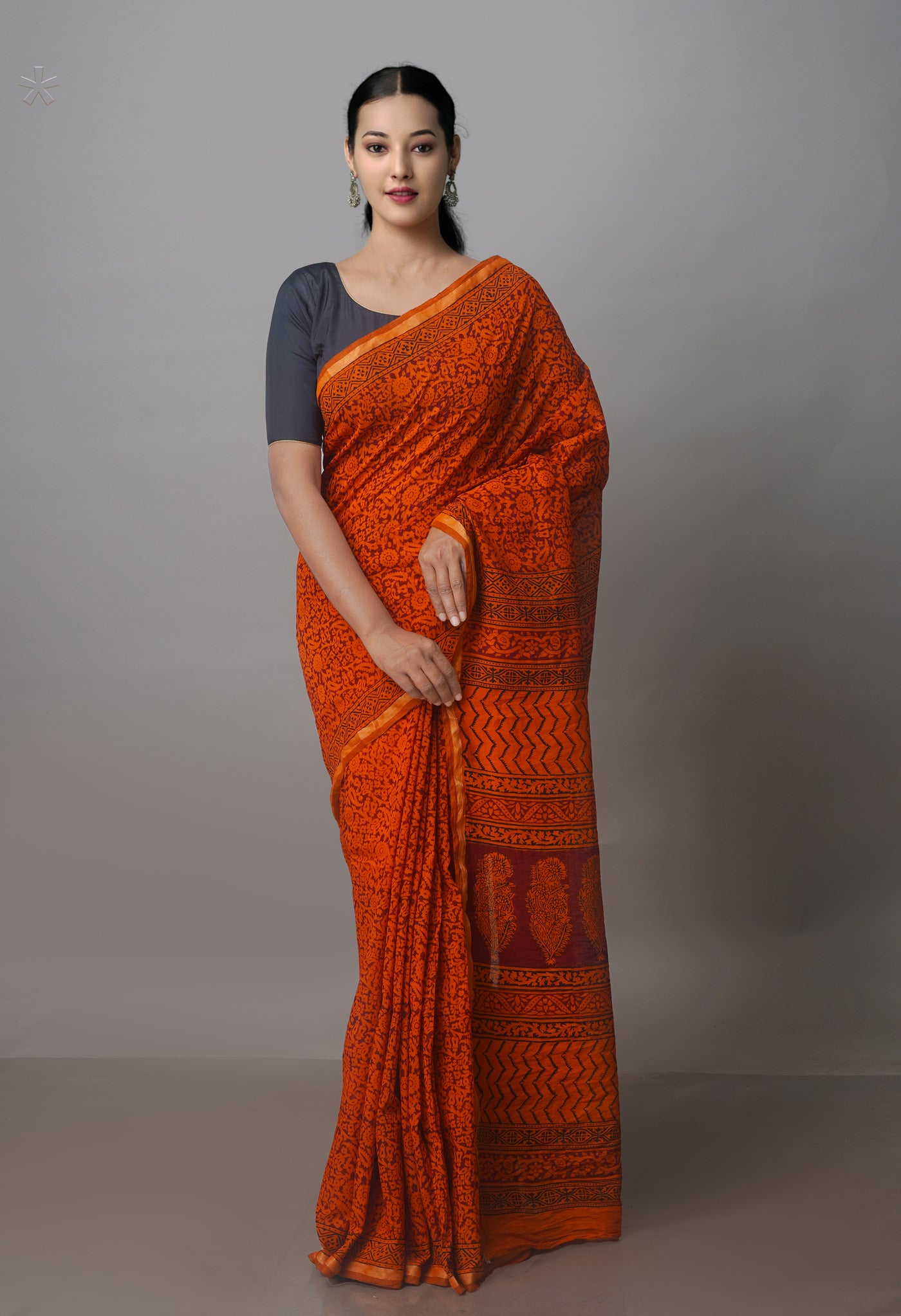 Rust Orange Art Chanderi Bagh Printed Cotton Saree-UNM70863