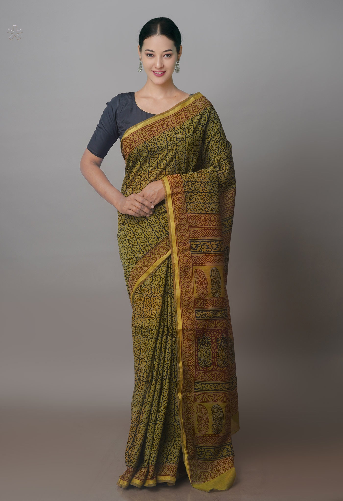 Olive Green Art Chanderi Bagh Printed Cotton Saree-UNM70866