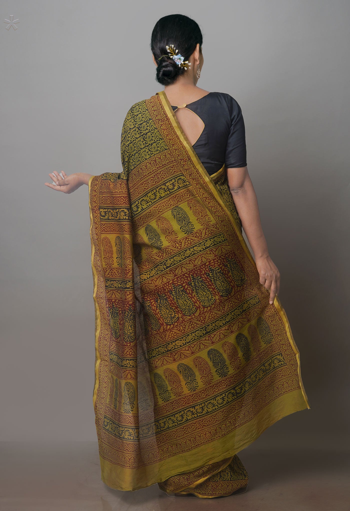 Olive Green Art Chanderi Bagh Printed Cotton Saree-UNM70866
