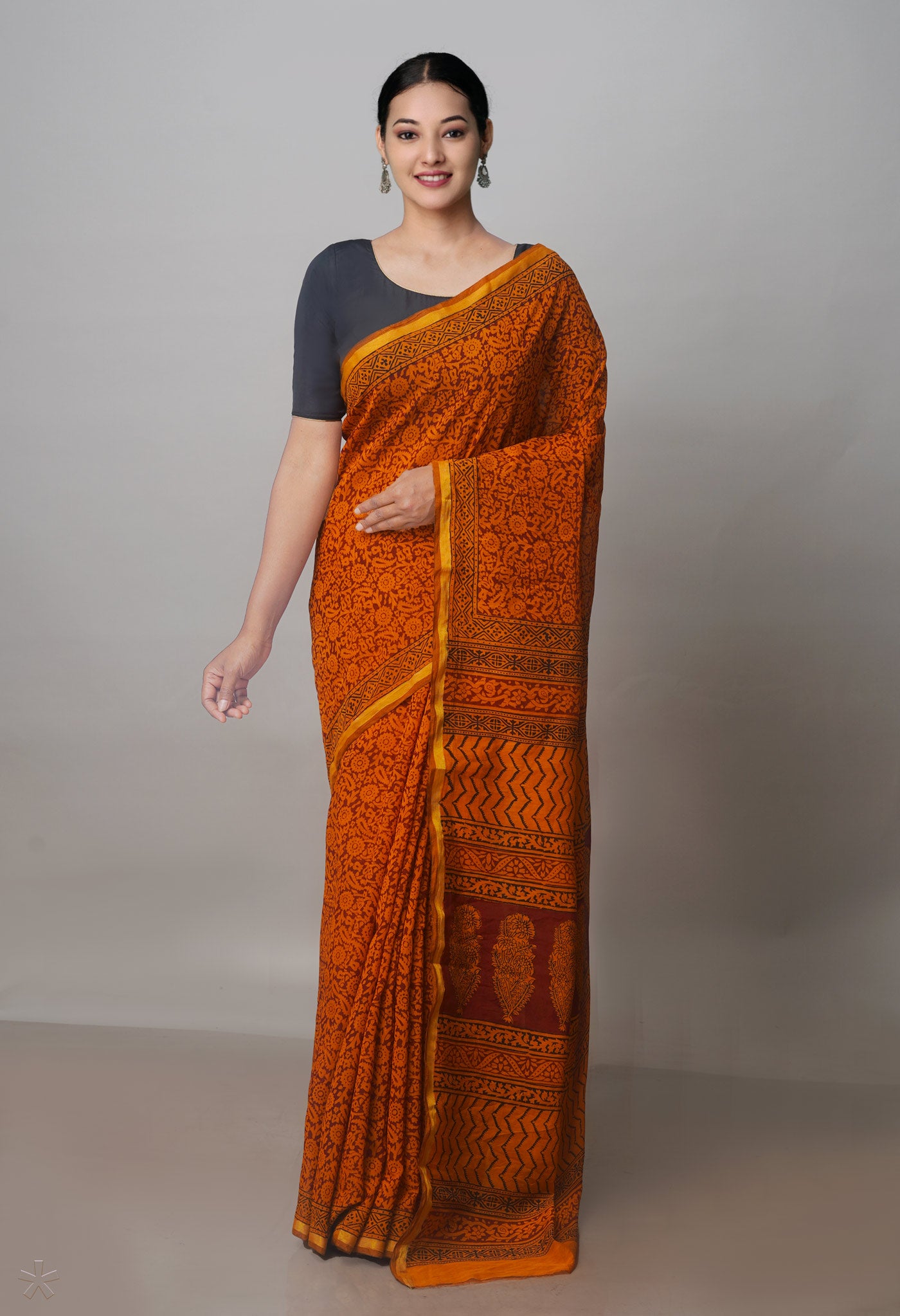 Orange Bagh Printed Chanderi Cotton Saree