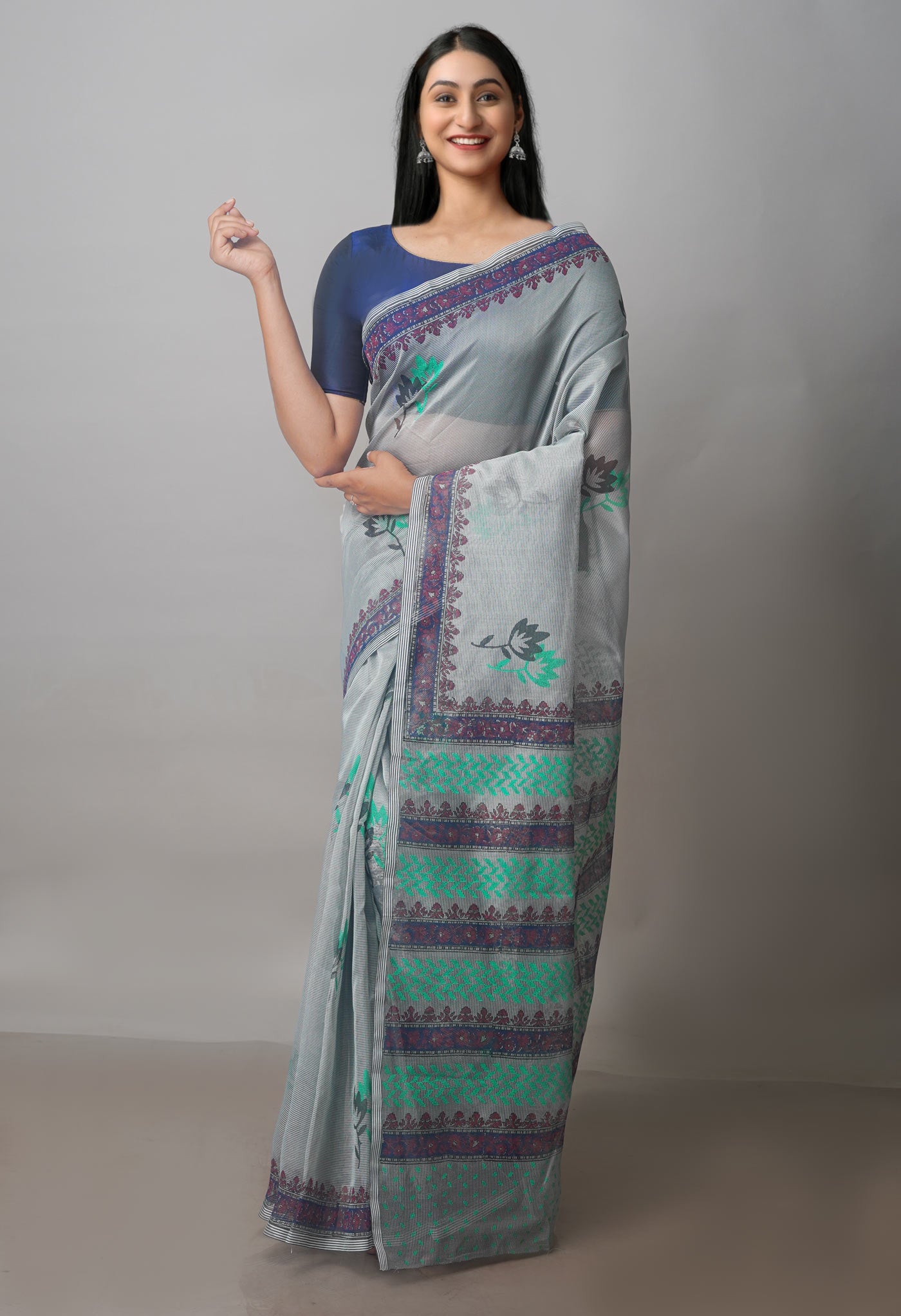 Grey Buttercup Yellow Block Printed Meghalaya Supernet Saree With Kalamkari Blouse Piece-UNM70881