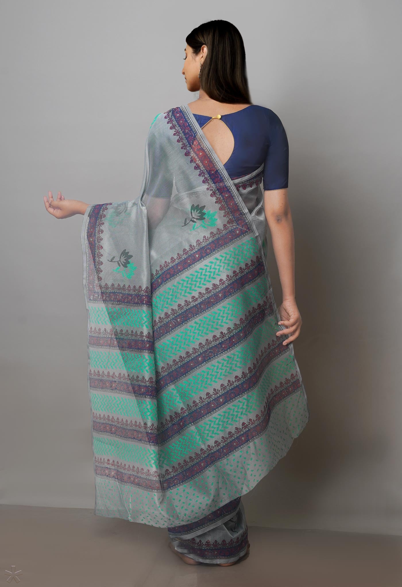 Grey Buttercup Yellow Block Printed Meghalaya Supernet Saree With Kalamkari Blouse Piece-UNM70881