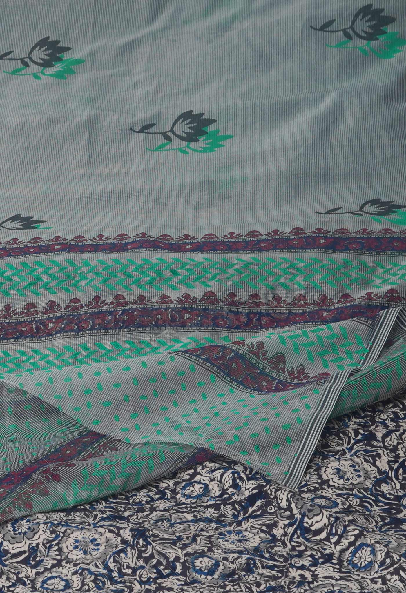 Grey Buttercup Yellow Block Printed Meghalaya Supernet Saree With Kalamkari Blouse Piece-UNM70881
