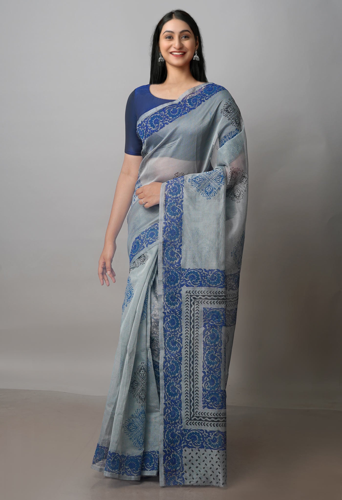 Grey Buttercup Yellow Block Printed Meghalaya Supernet Saree With Kalamkari Blouse Piece-UNM70882