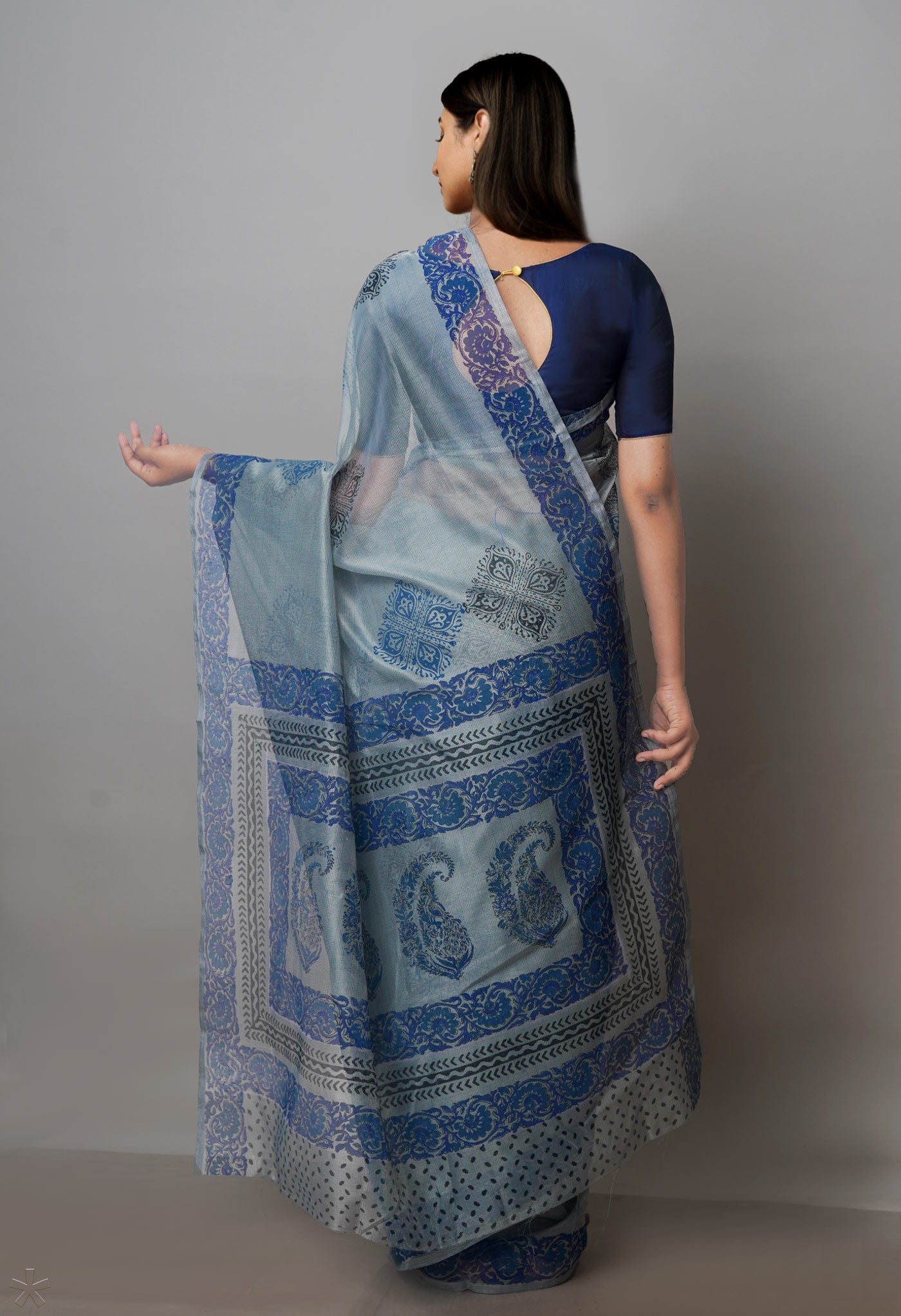 Grey Buttercup Yellow Block Printed Meghalaya Supernet Saree With Kalamkari Blouse Piece-UNM70882