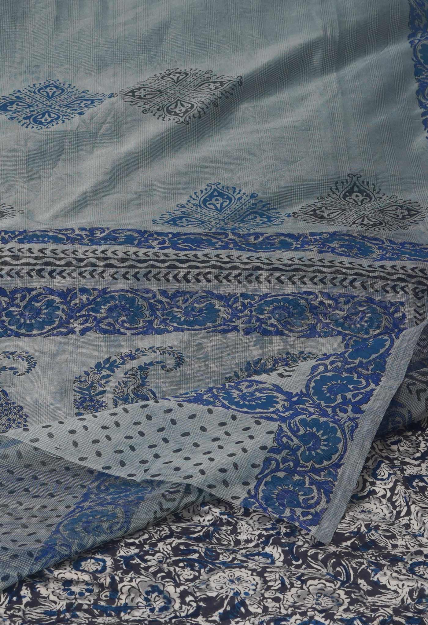 Grey Buttercup Yellow Block Printed Meghalaya Supernet Saree With Kalamkari Blouse Piece-UNM70882