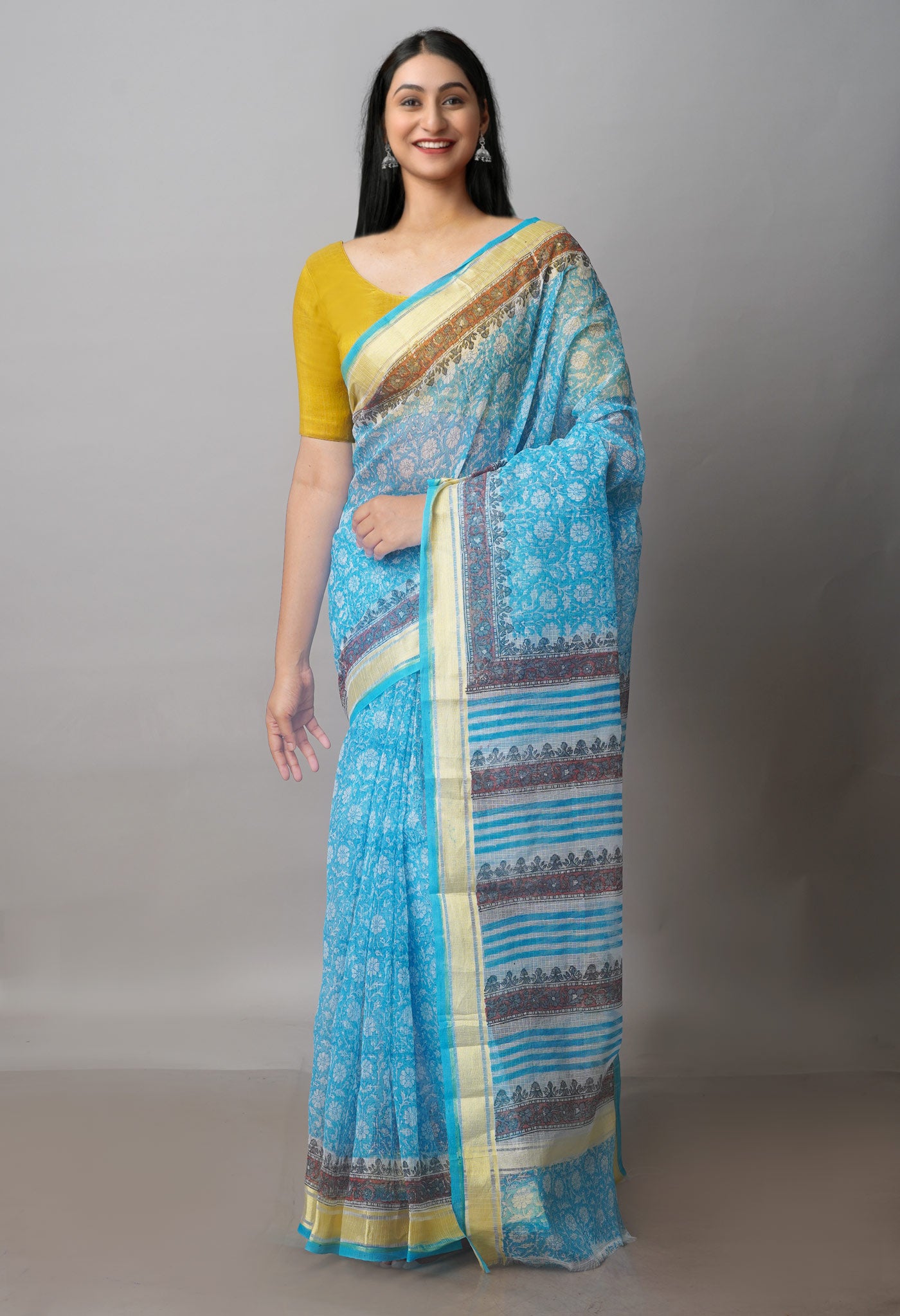 Sky Blue Block Printed Kota Saree-UNM70914