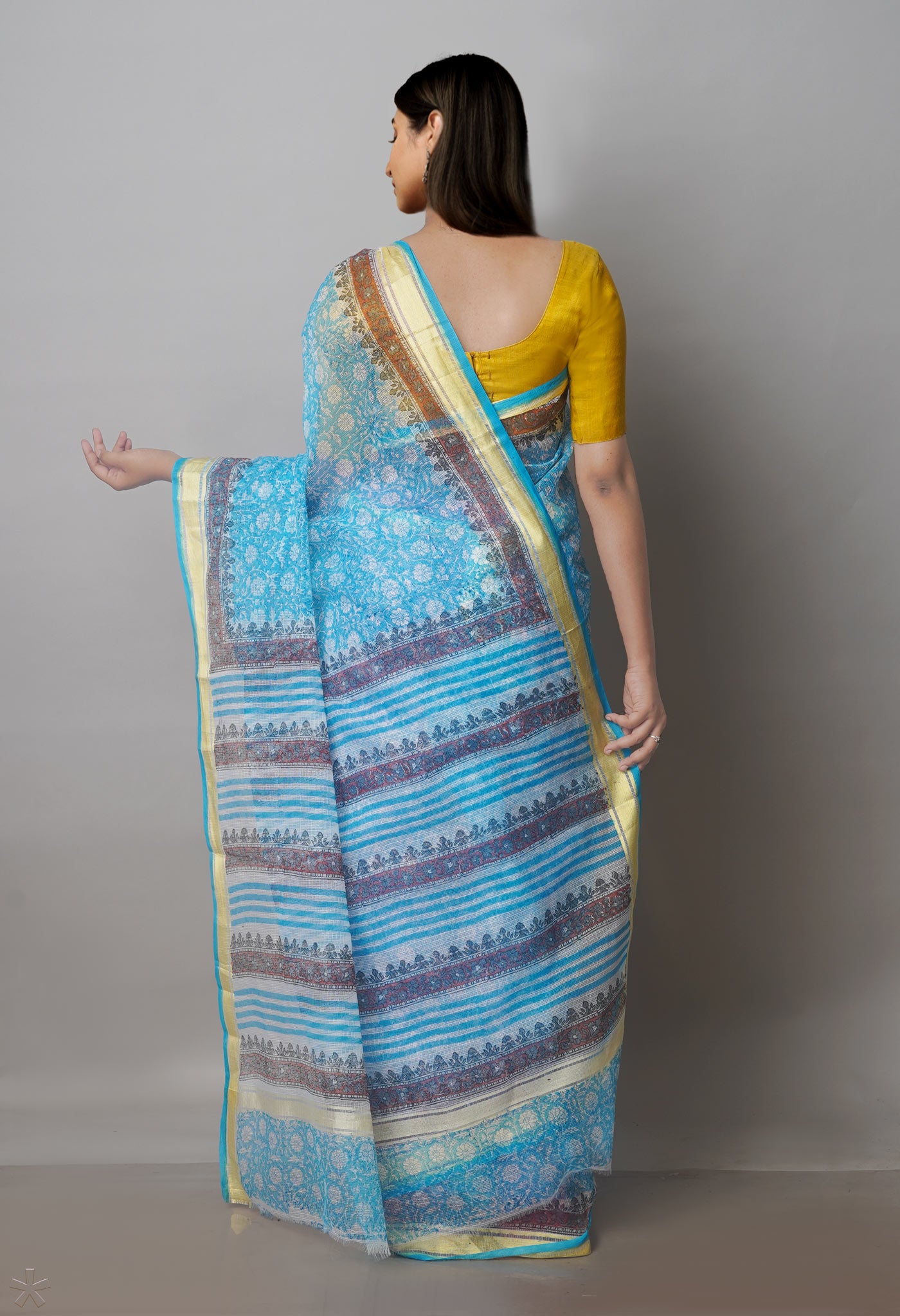 Sky Blue Block Printed Kota Saree-UNM70914