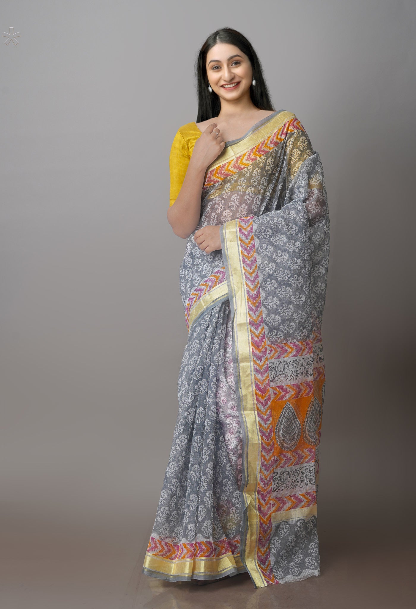 Grey Block Printed Kota Saree-UNM70924