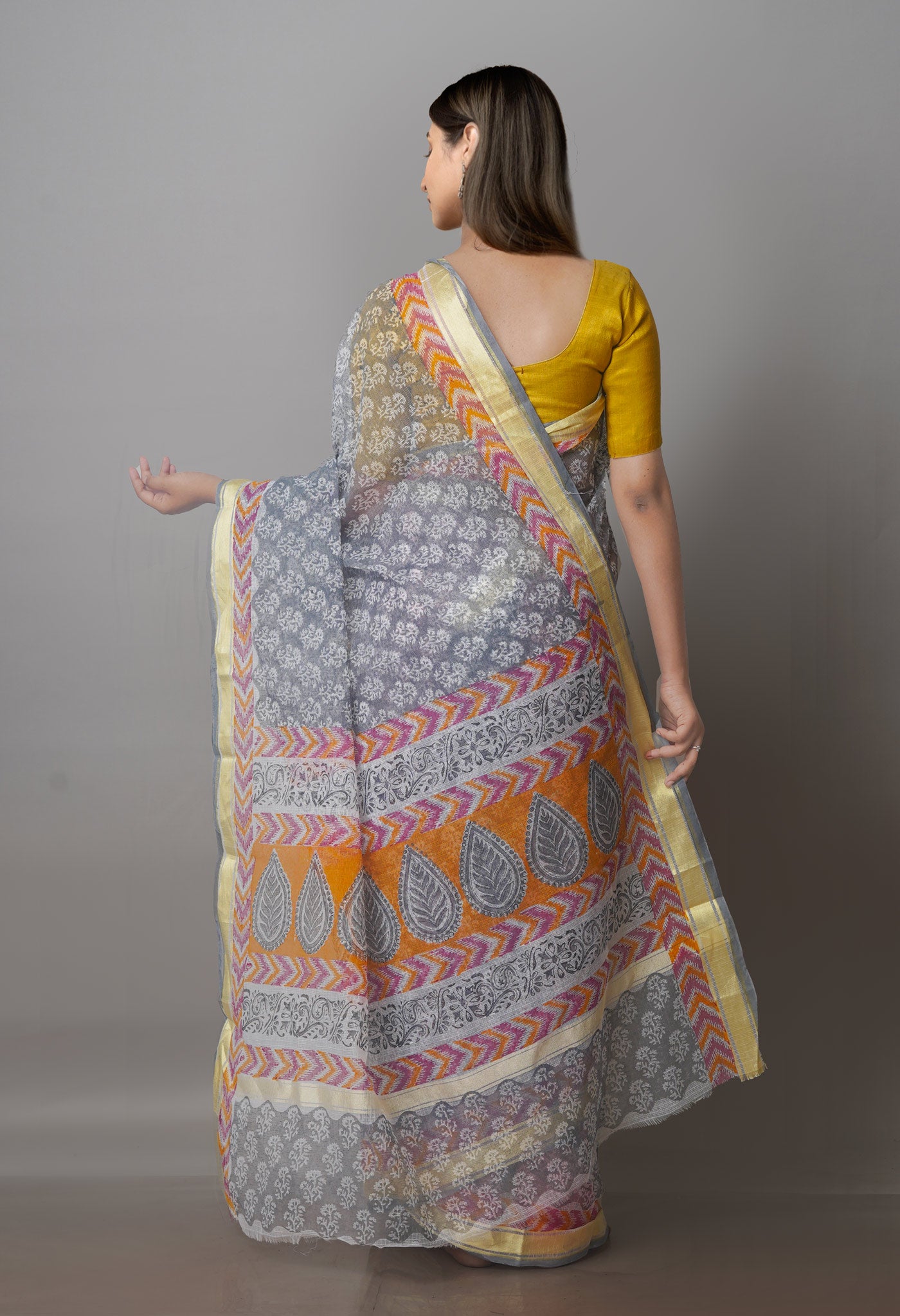 Grey Block Printed Kota Saree-UNM70924