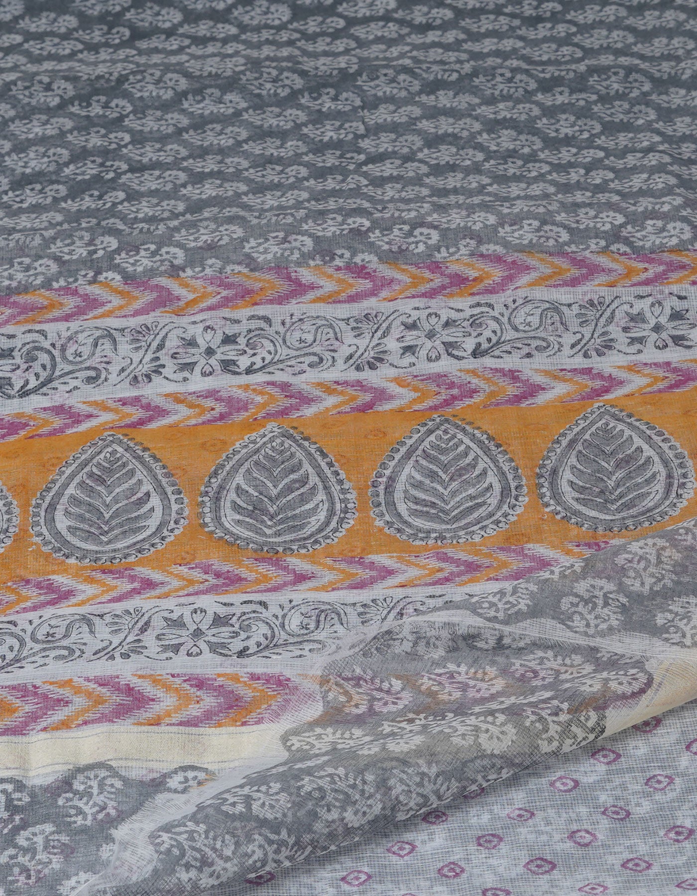 Grey Block Printed Kota Saree-UNM70924