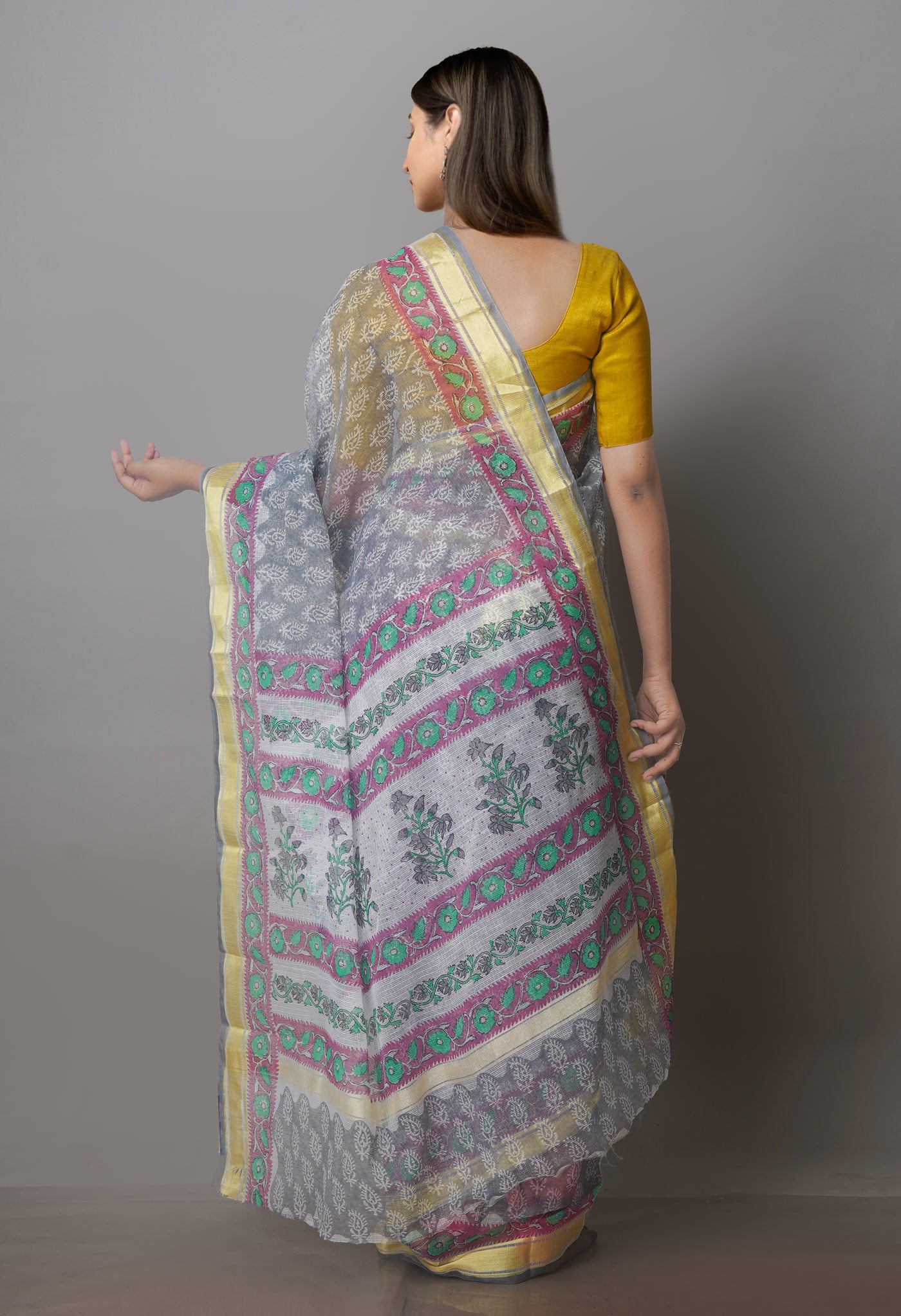 Grey Block Printed Kota Saree-UNM70927