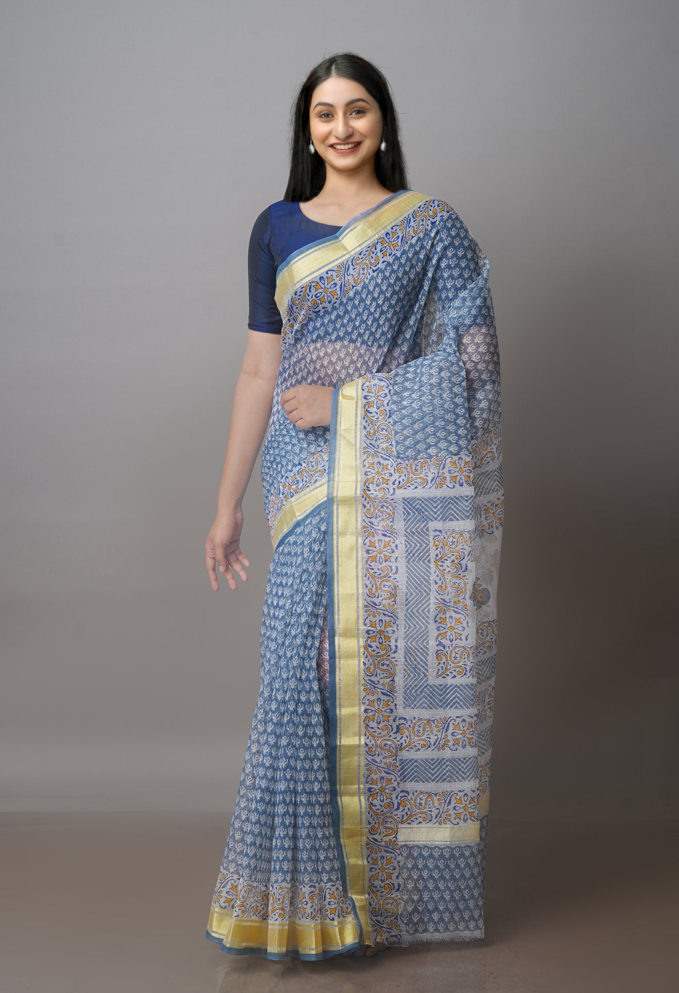 Marine Beige Block Printed Kota Saree-UNM70934