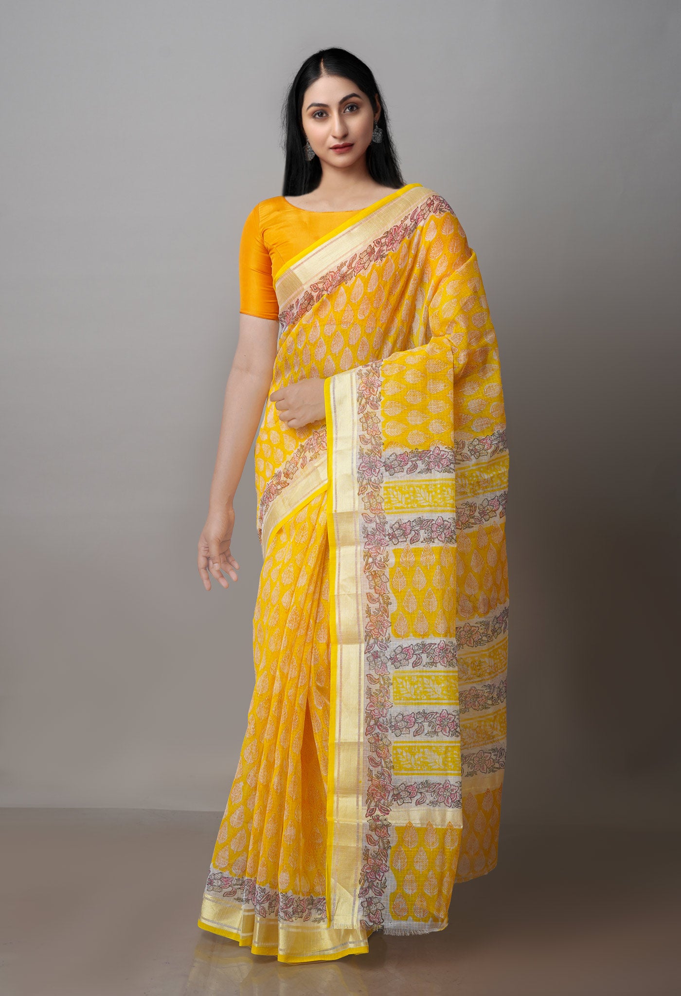 Yellow Block Printed Kota Saree-UNM70935