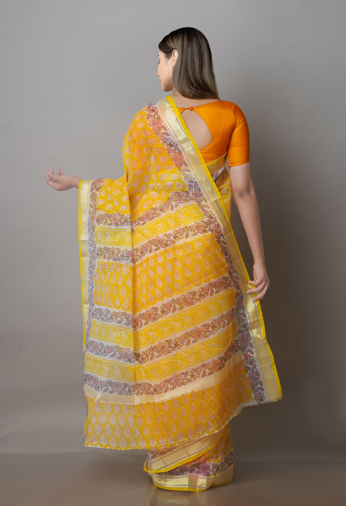 Yellow Block Printed Kota Saree-UNM70935