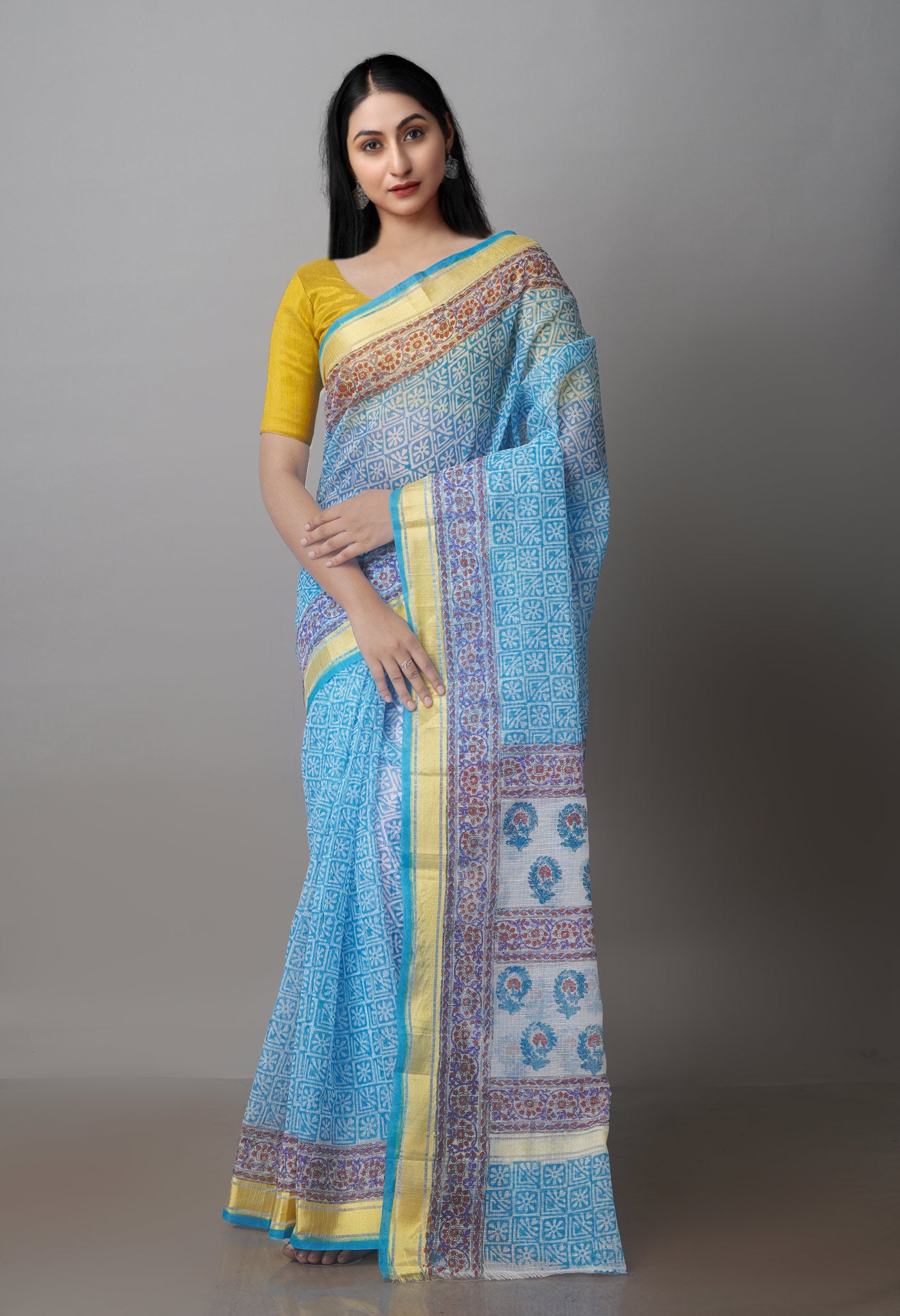 Sky Blue Block Printed Kota Saree-UNM70936