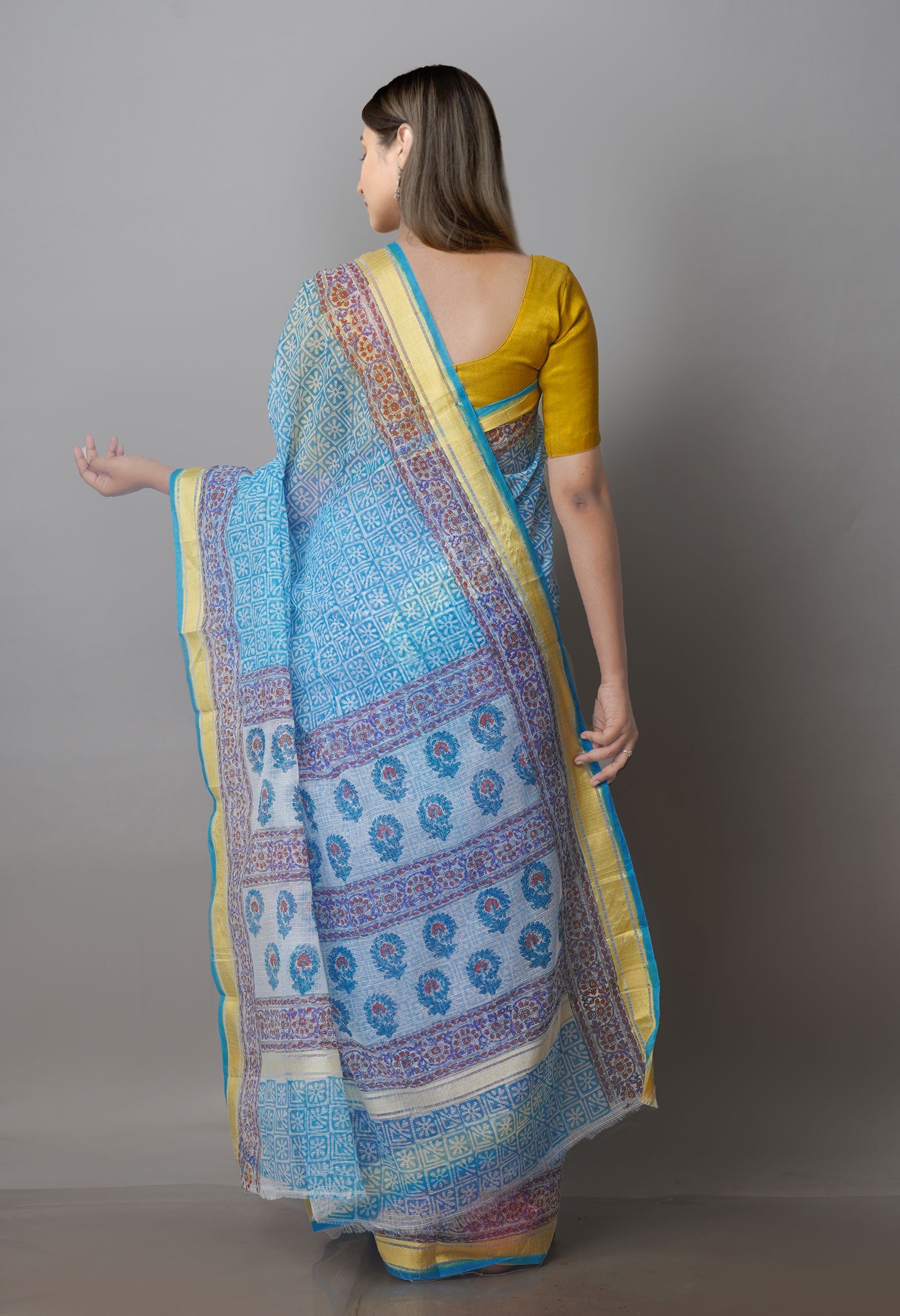 Sky Blue Block Printed Kota Saree-UNM70936
