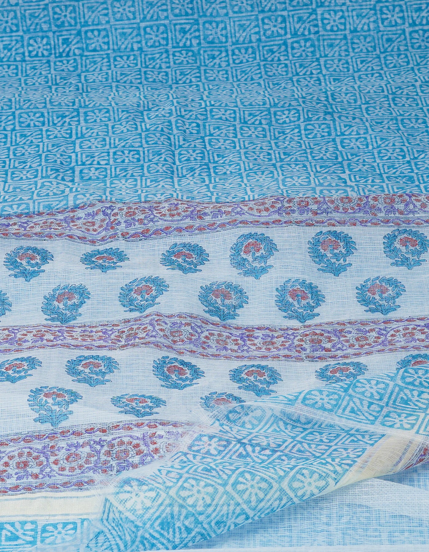 Sky Blue Block Printed Kota Saree-UNM70936