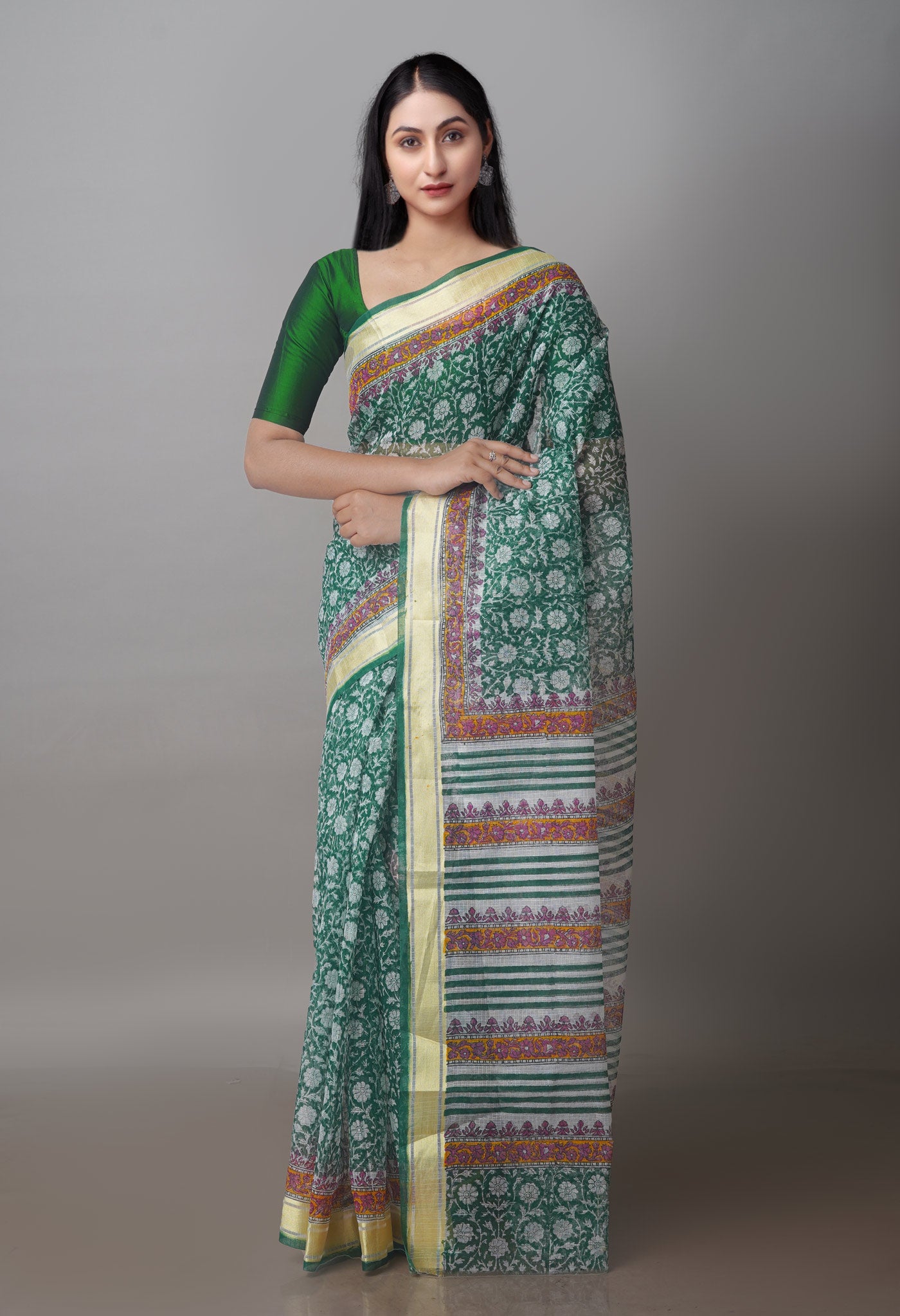 Green Block Printed Kota Saree-UNM70937