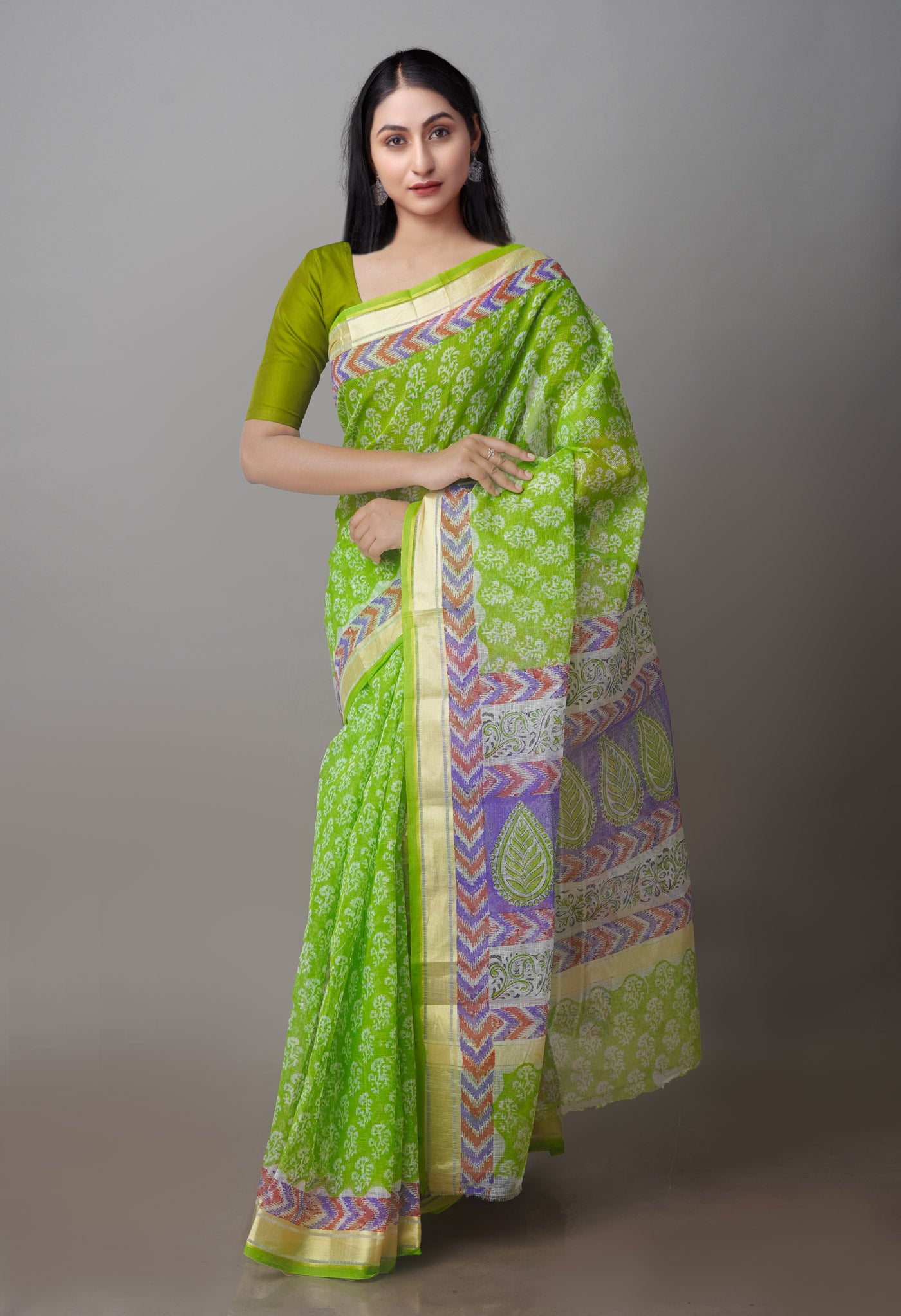 Green Block Printed Kota Saree-UNM70941