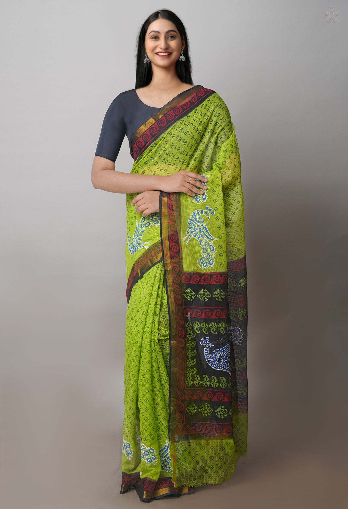 Green Pure Block Printed Kota Cotton Sarees-UNM71045